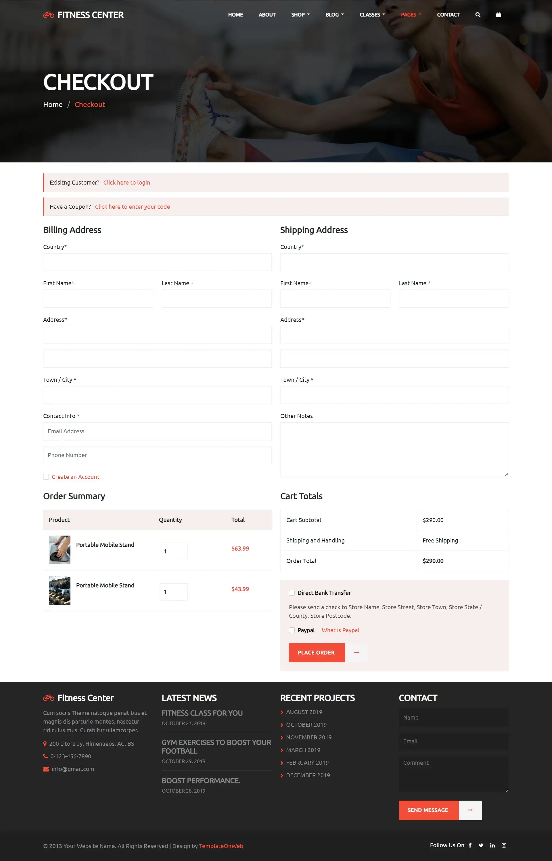 Buy gym nutrition product checkout form