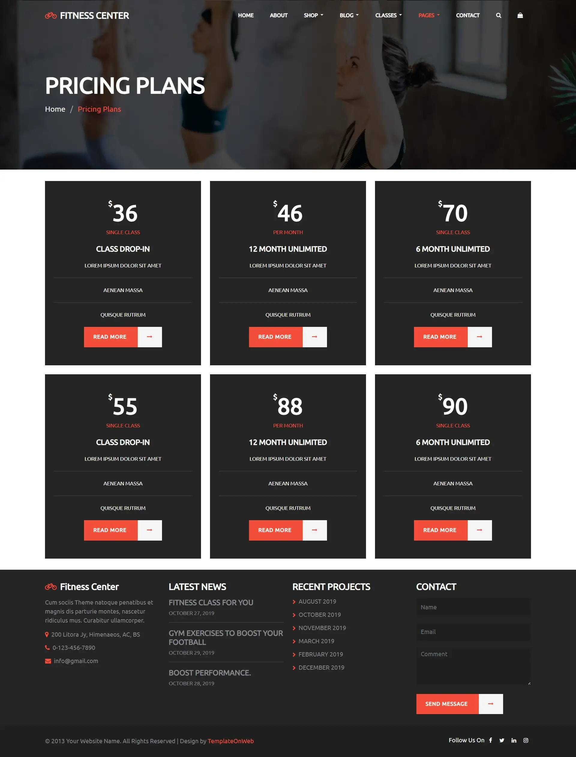 Fitness center membership fees page layout
