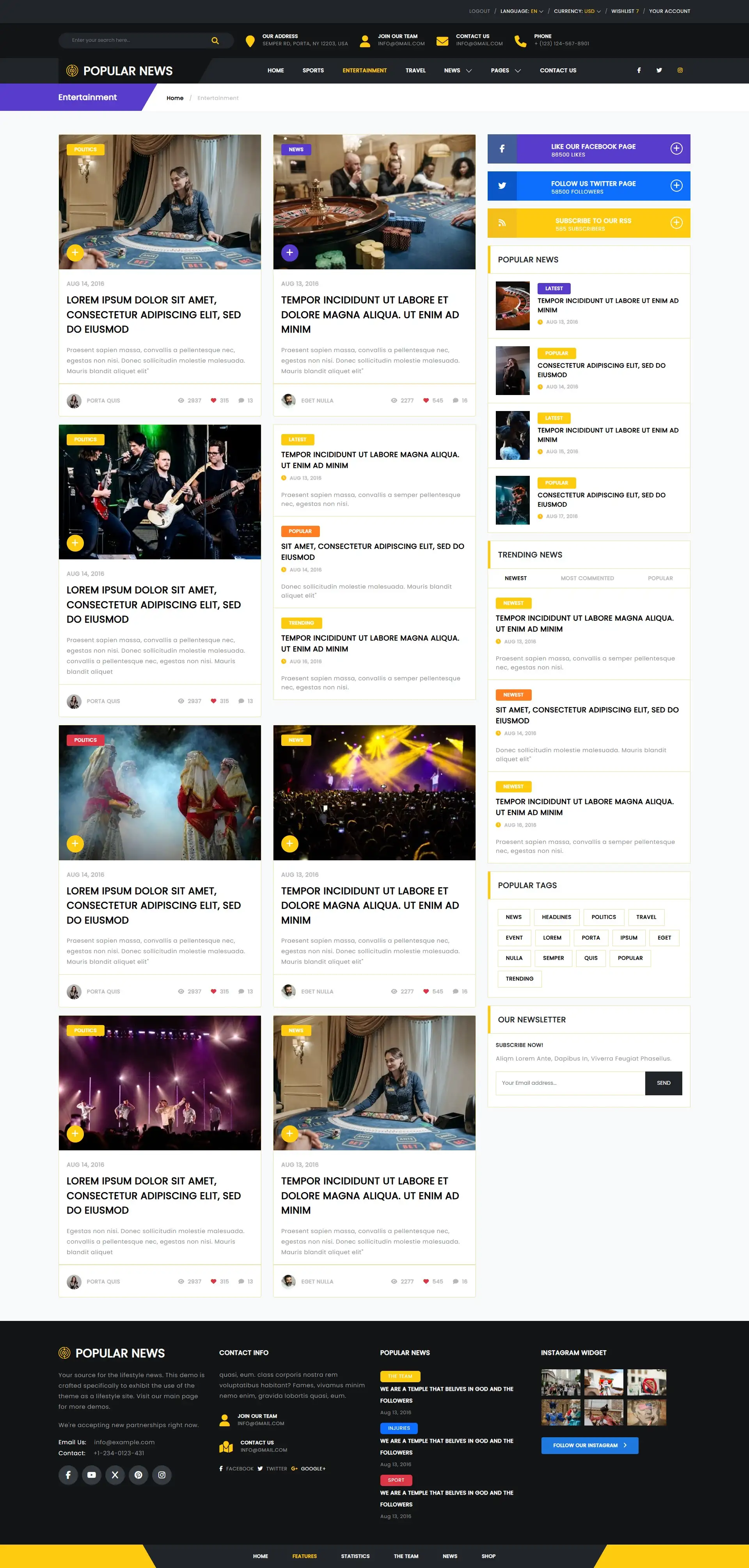 Entertainment news page with highlights on movies, music, and celebrity news