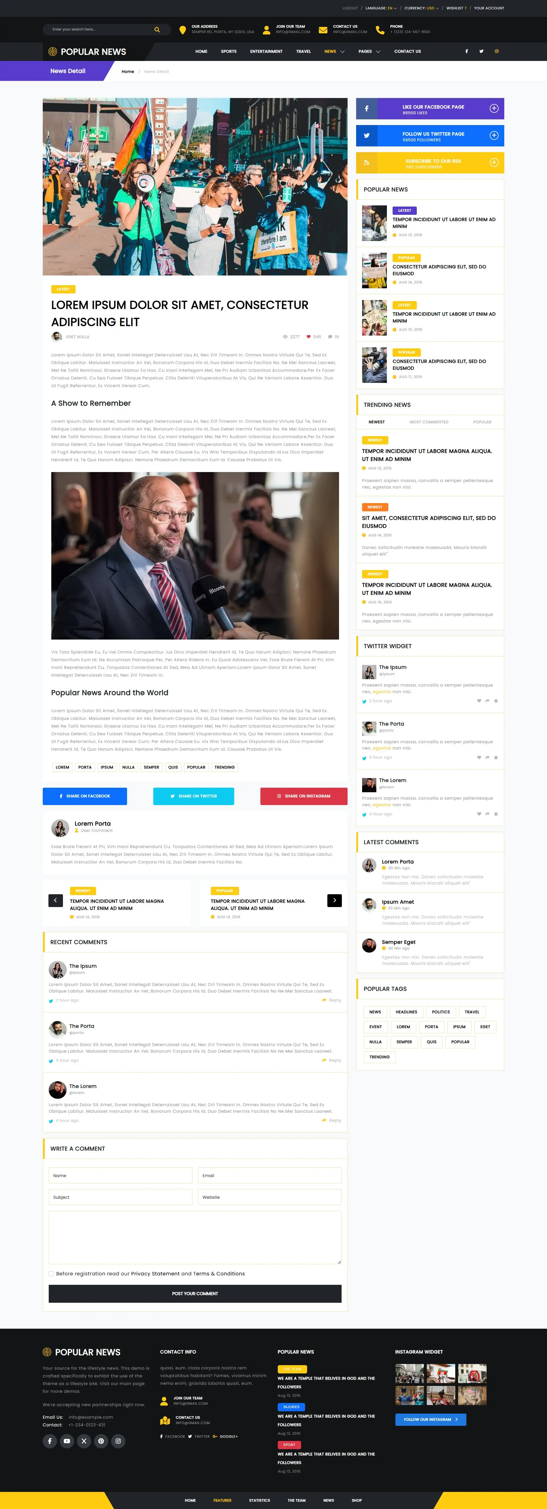 Free headlines news template showing news details with social sharing and comments