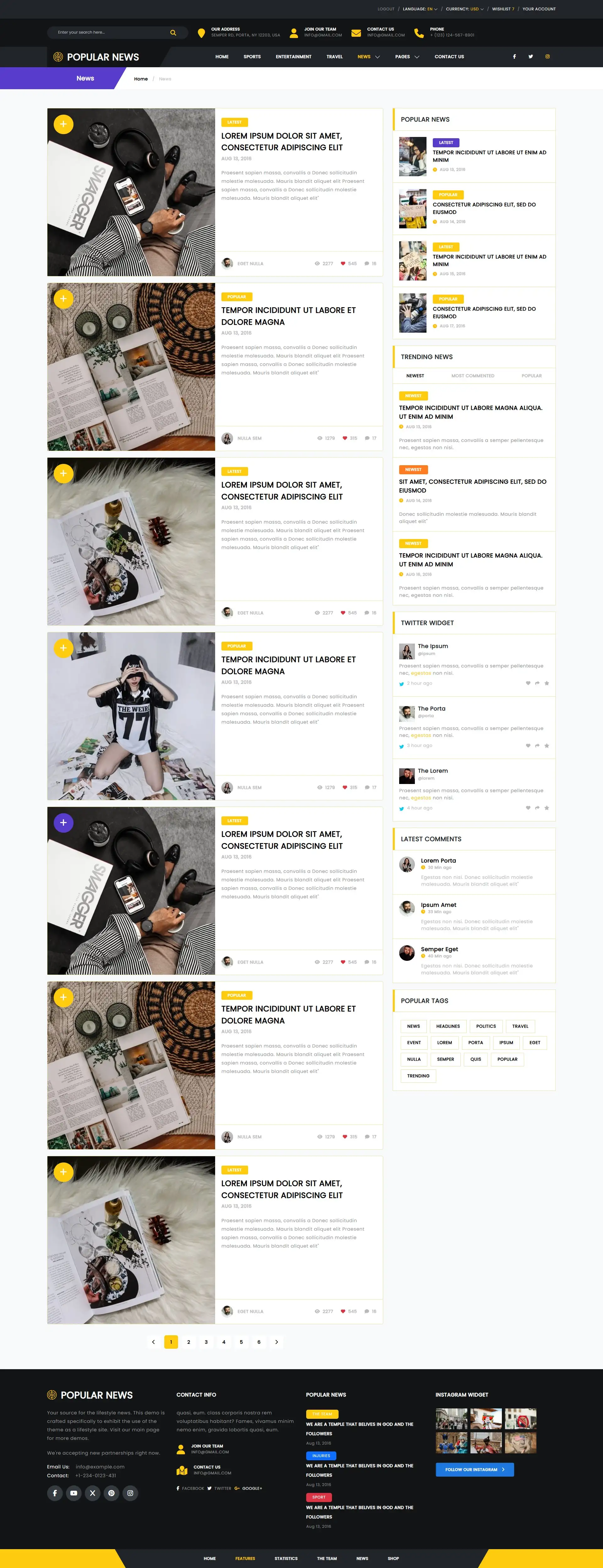 News template listing page with headlines, summaries, and featured images