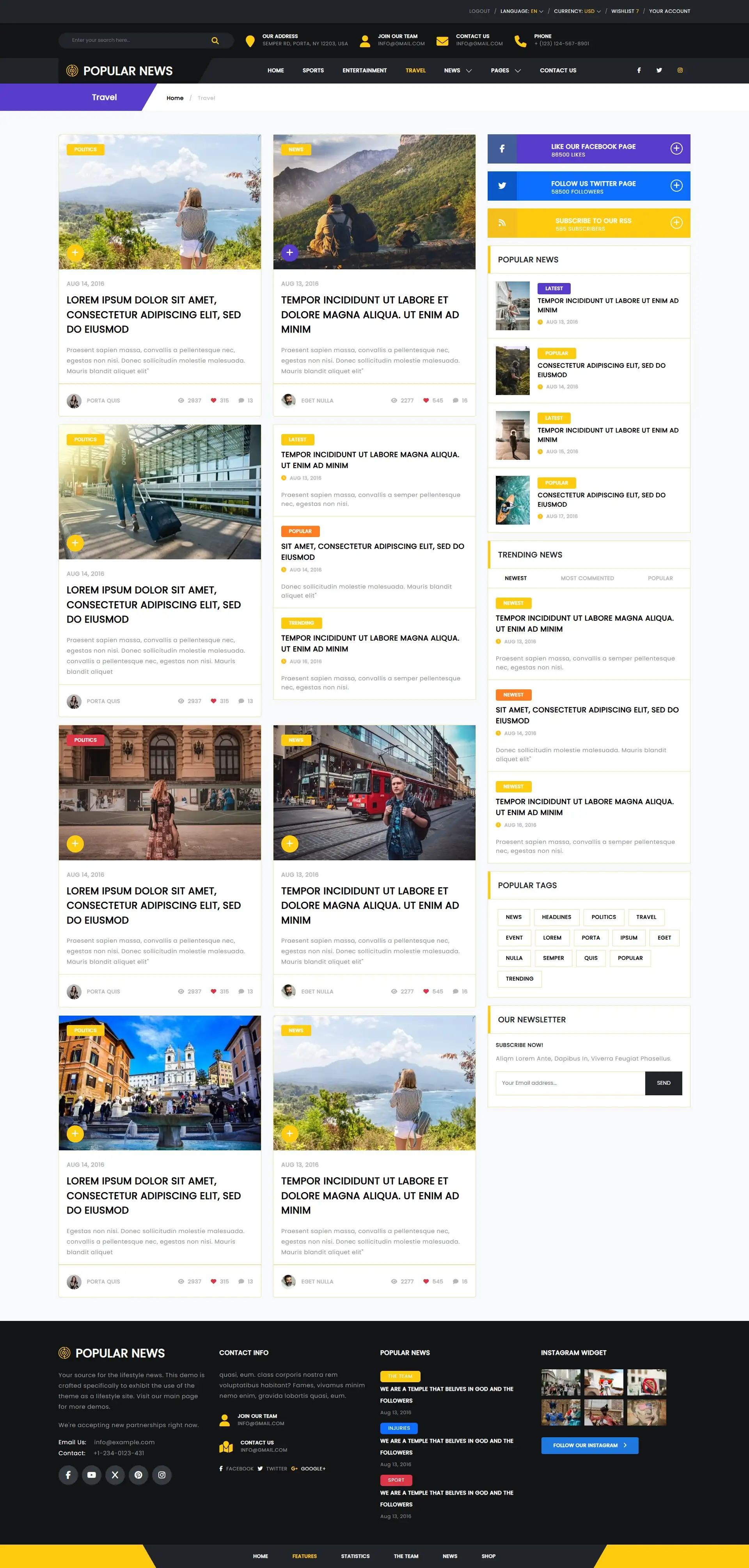 Travel page layout showcasing popular travel destinations and recent articles