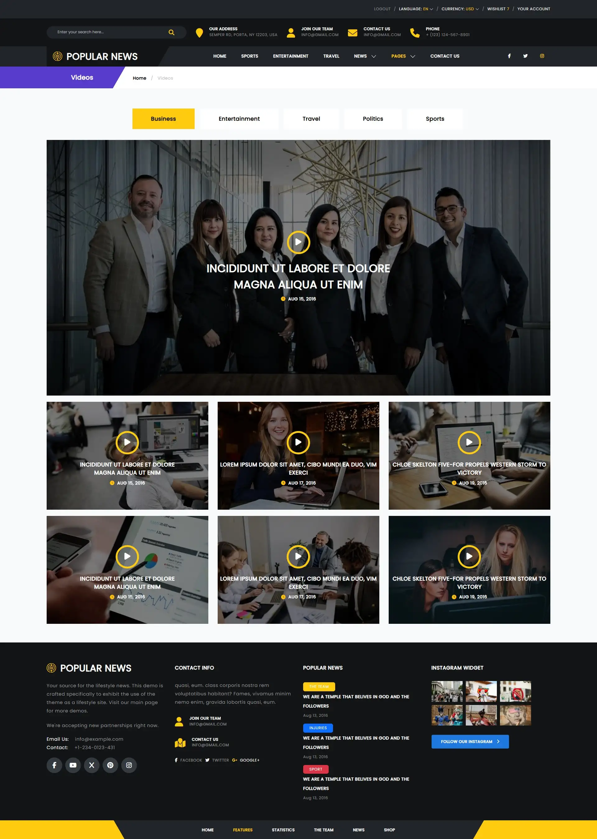 News template videos page layout showing top video categories and recent uploads