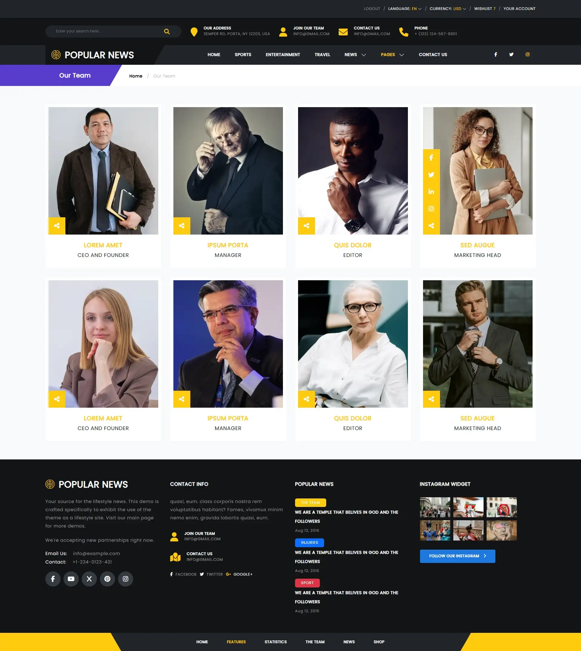 Popular news website teams page
