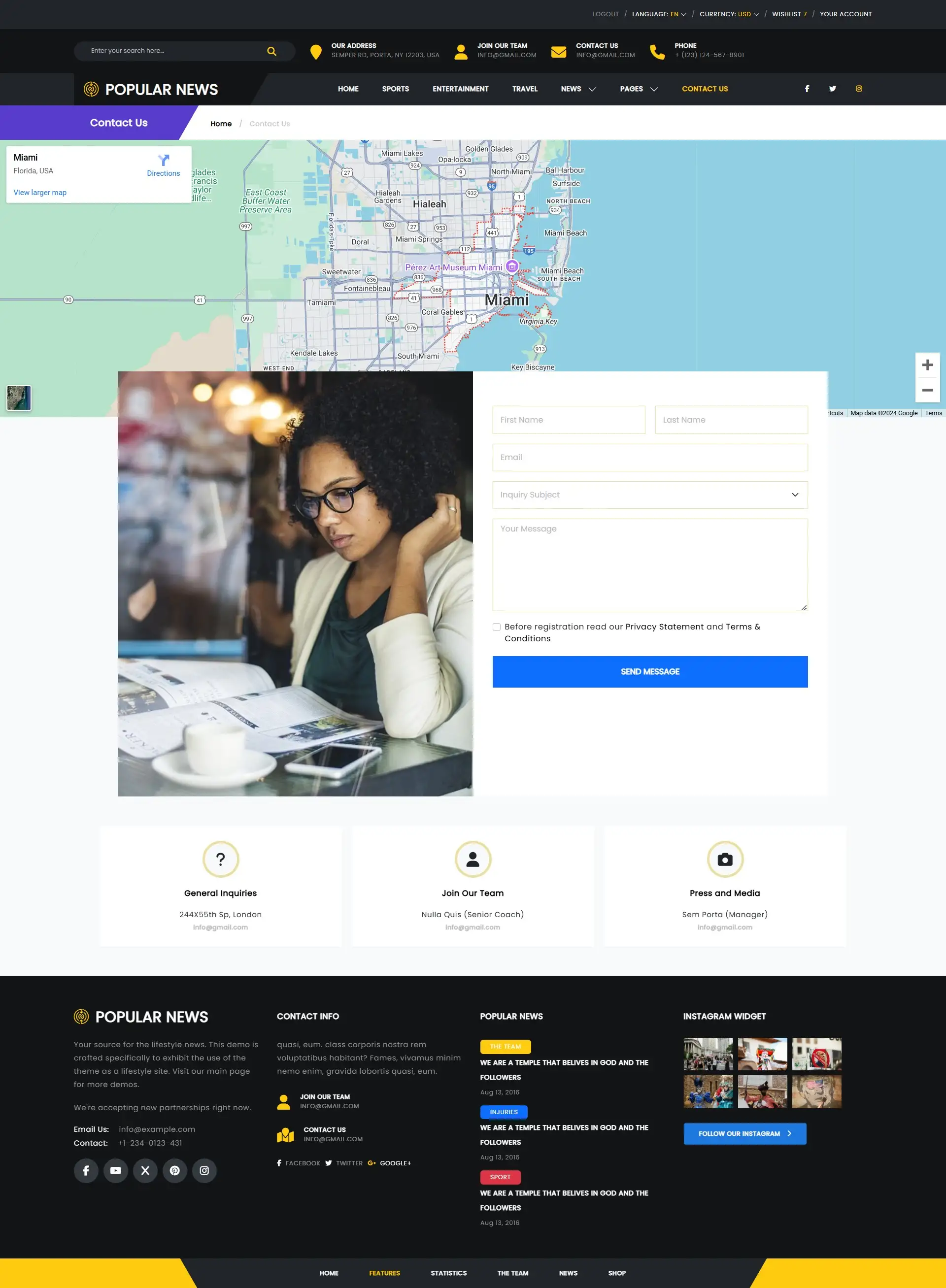 Responsive contact form and support information page