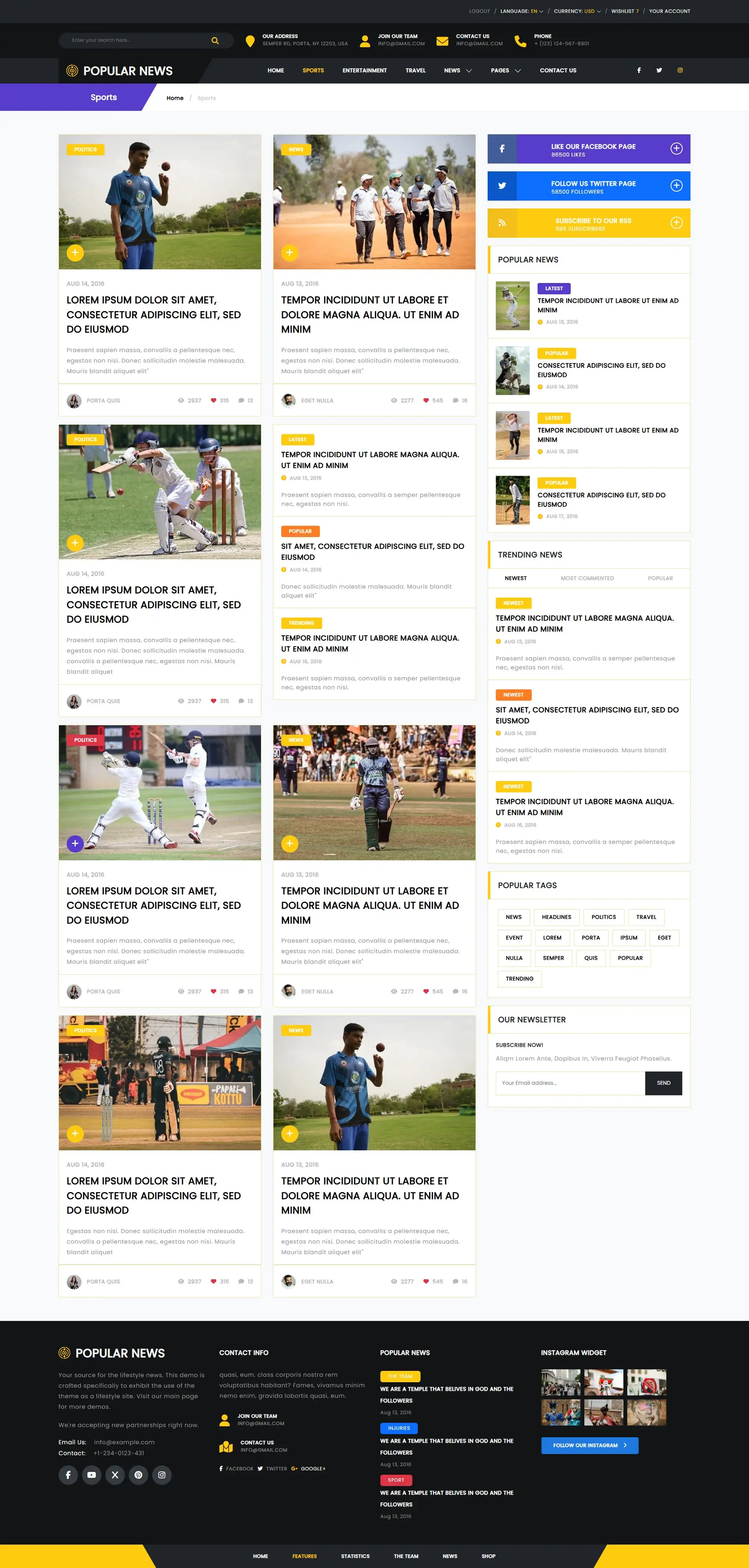 Sports news page with top games stories and recent sports events