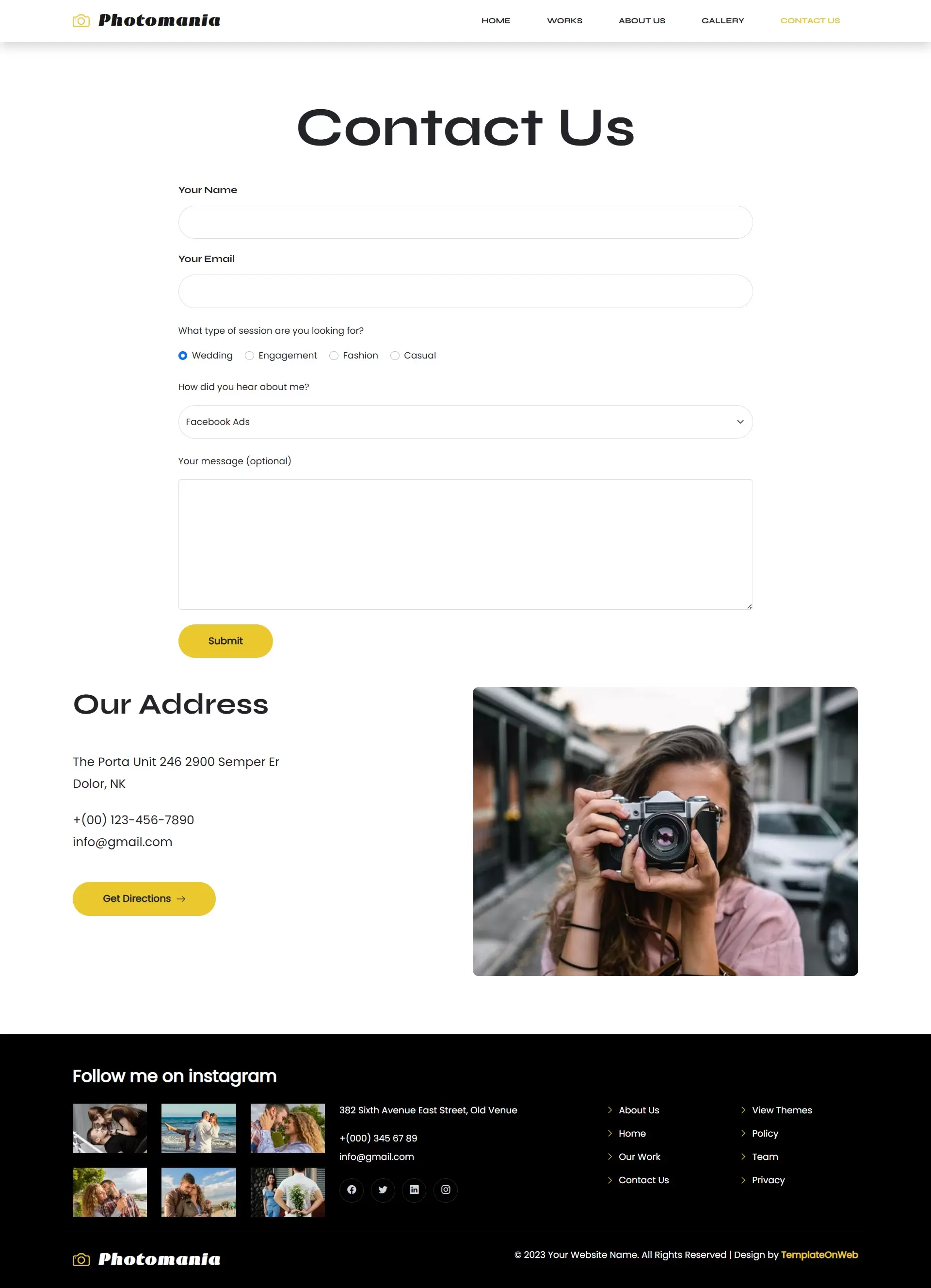Contact – Location, contact form, map, and social links