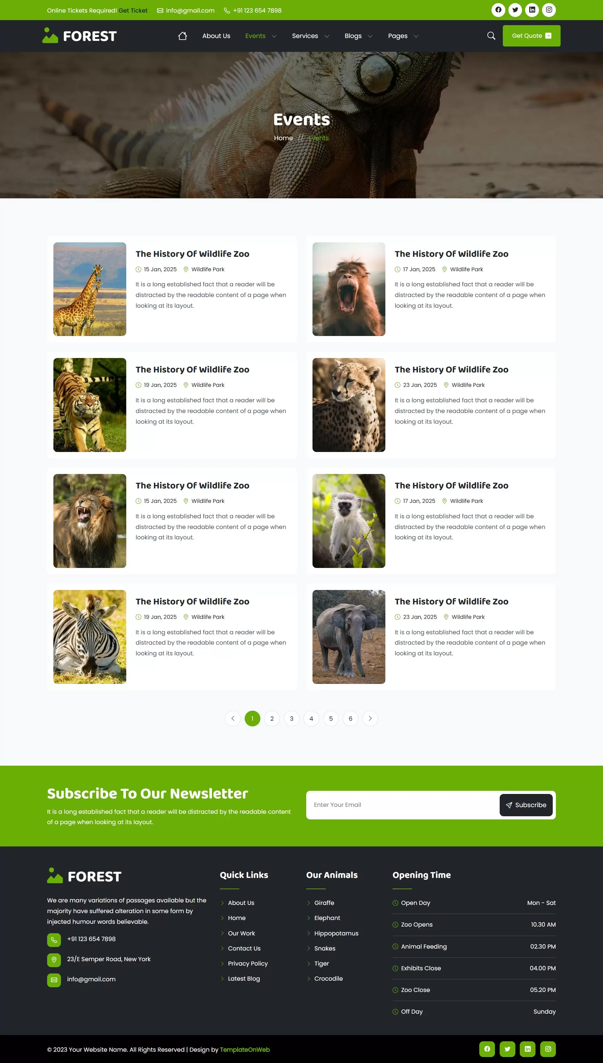 Forest events page displaying upcoming nature activities and tours
