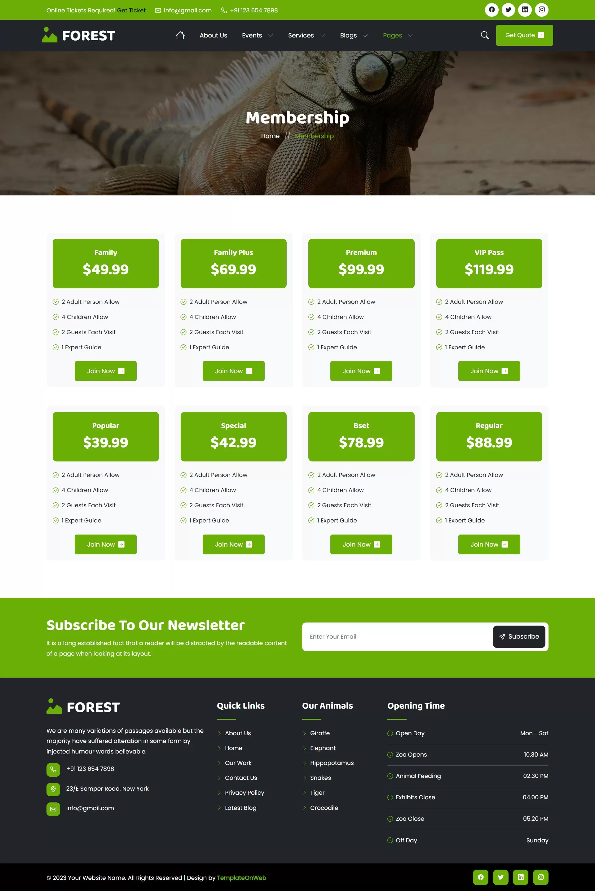 Forest tour pricing page showing various visitor packages