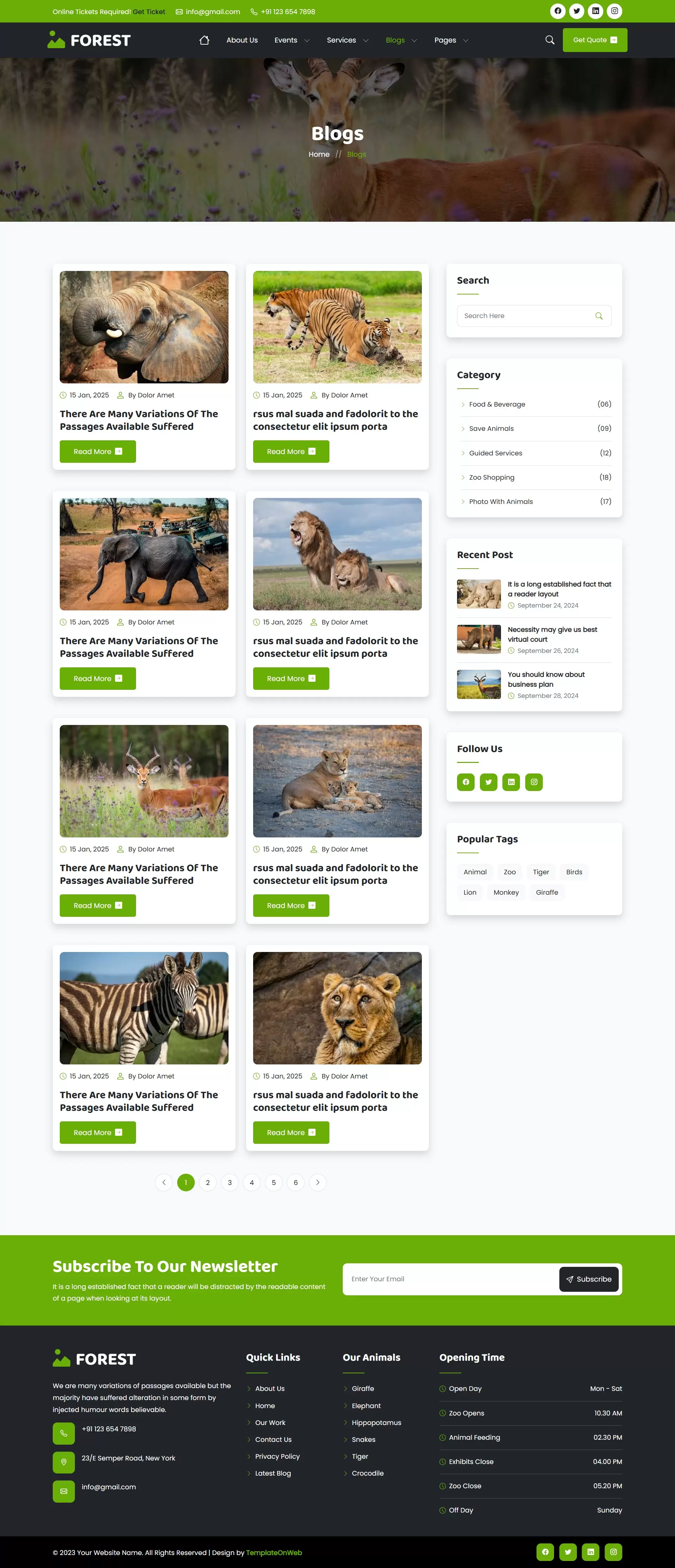 Responsive screen showing forest safari blog thumbnails and titles