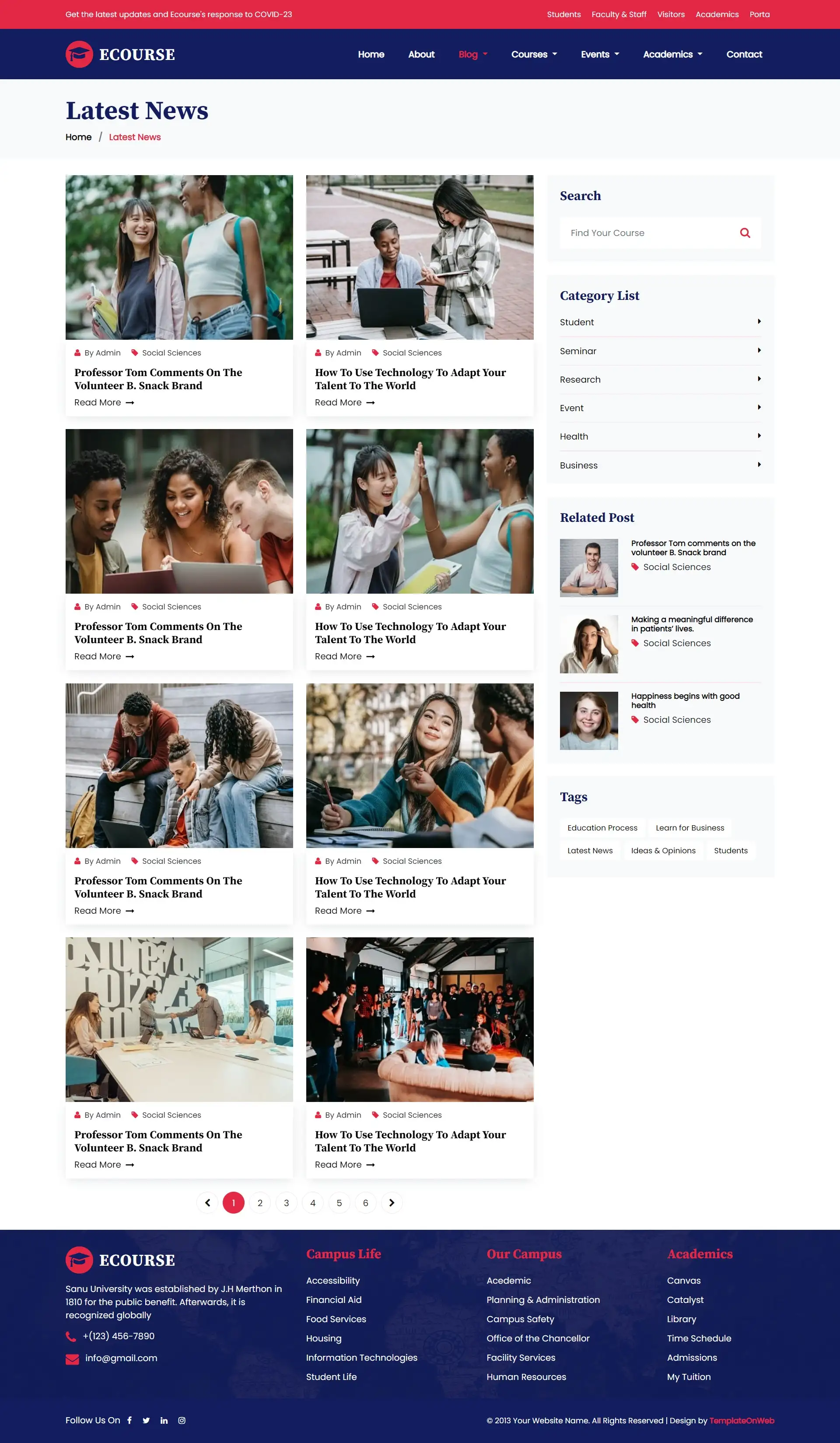 Academic course blogs list page html