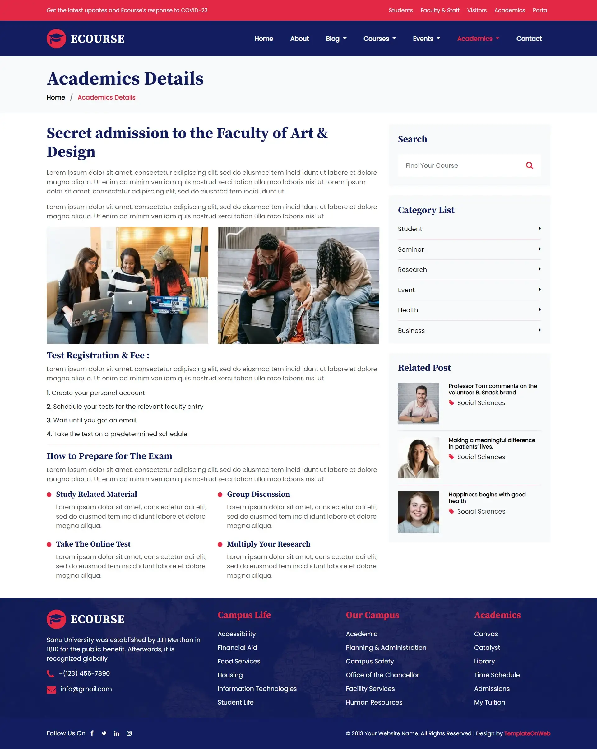 Academic course details website page