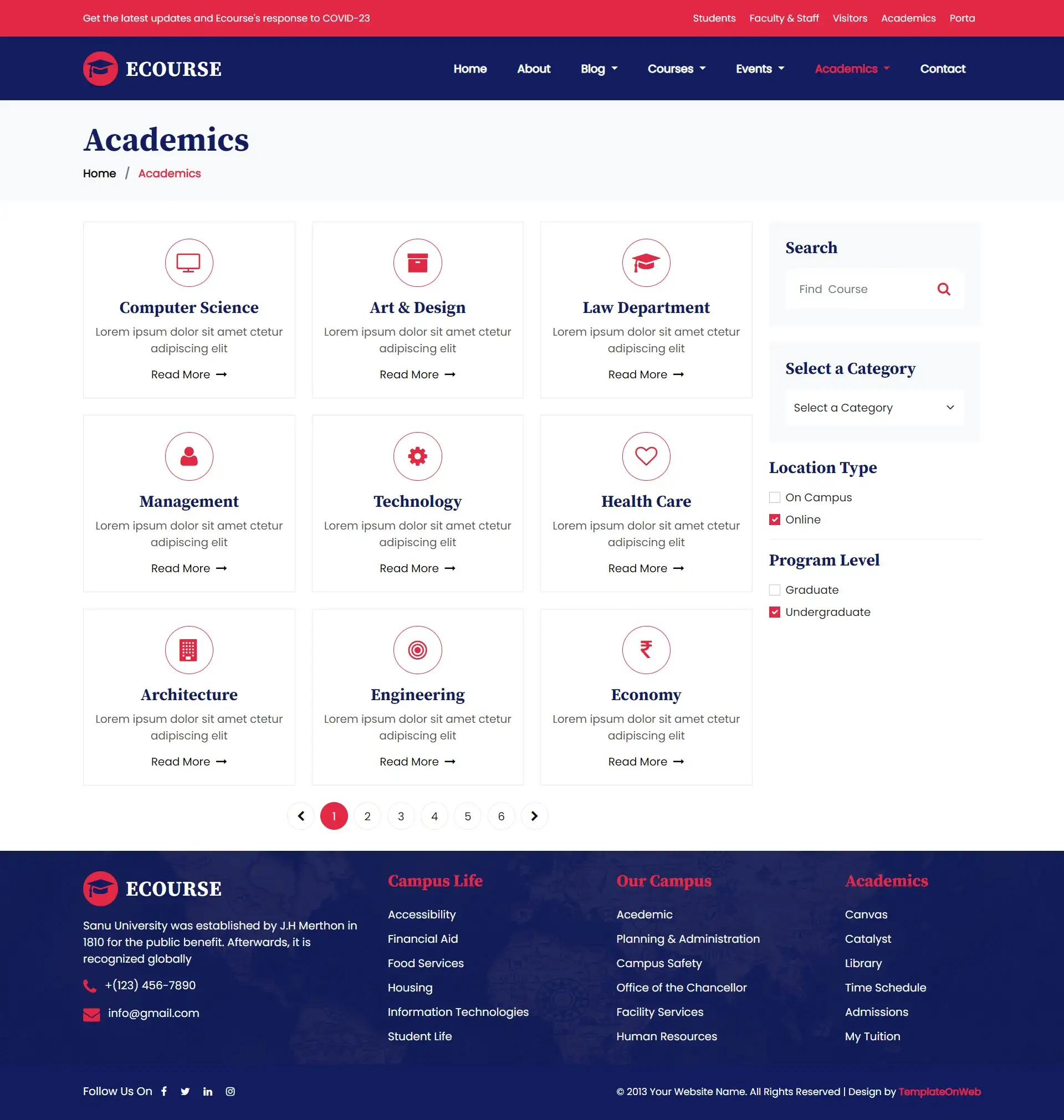 Academic courses list page html design