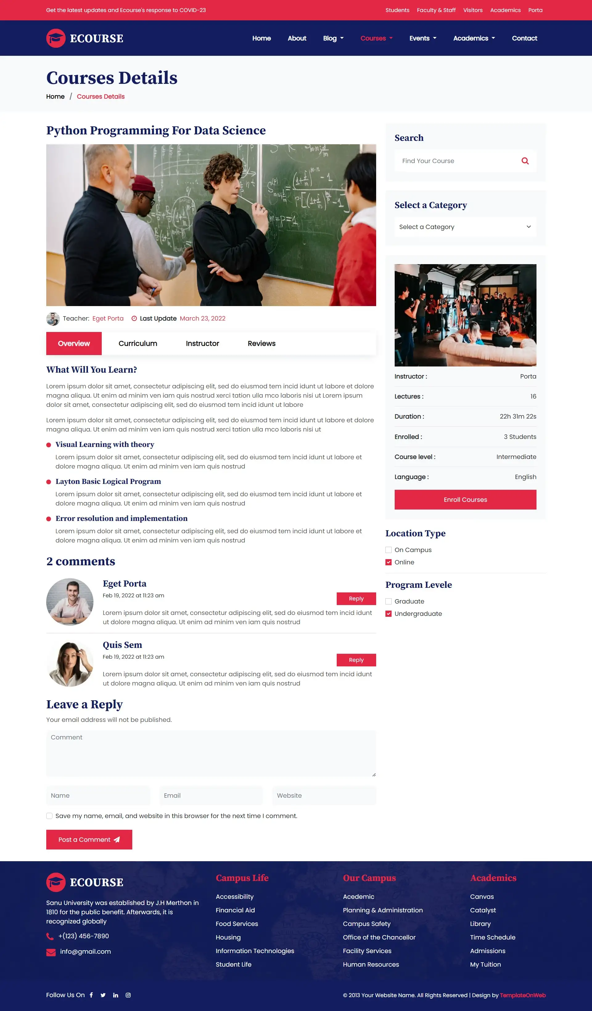 Elementary education course details page