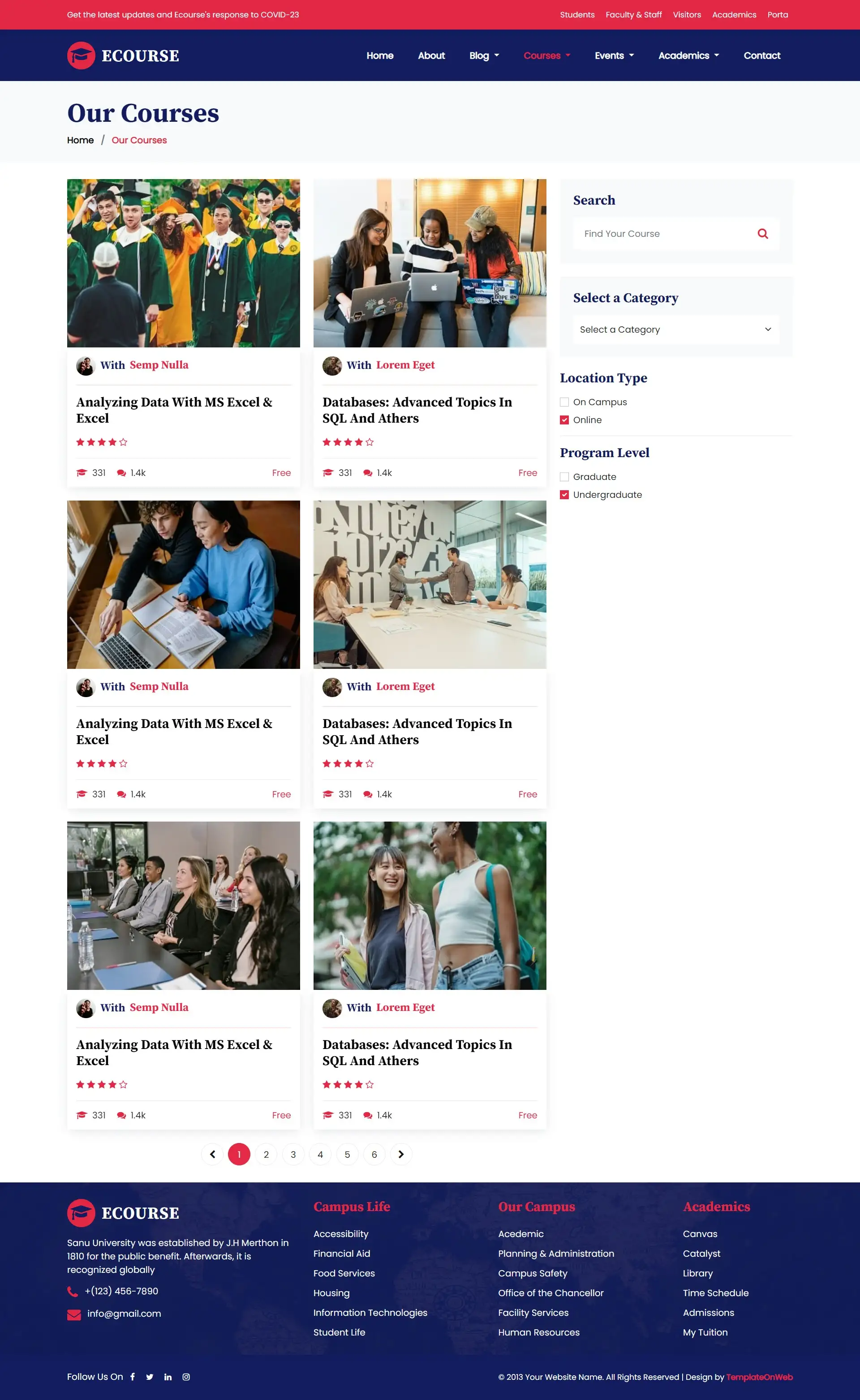 Online courses listing page