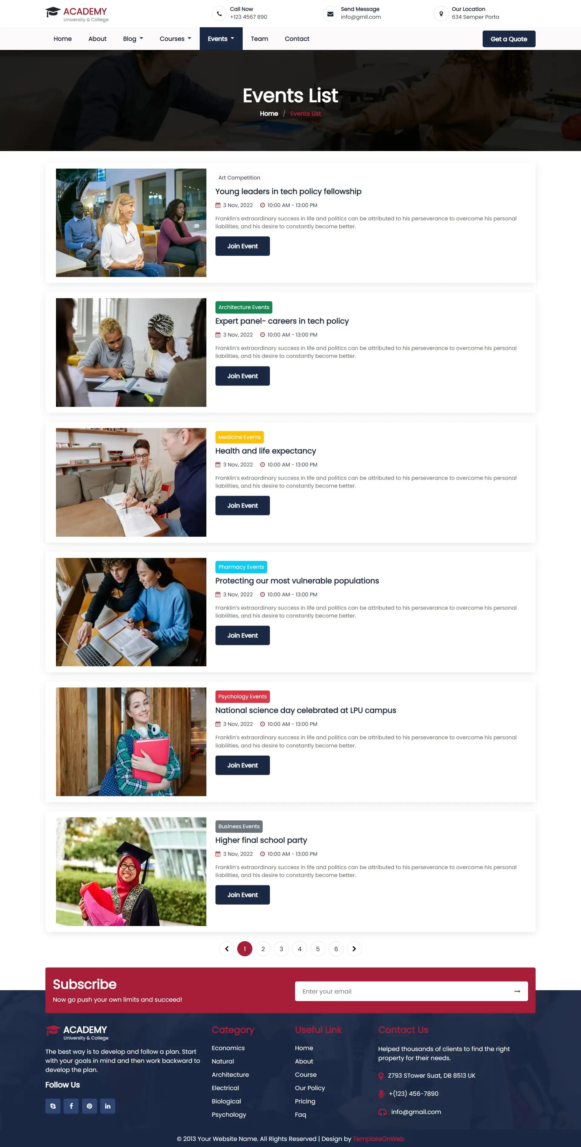 Upcoming academic events listing responsive html