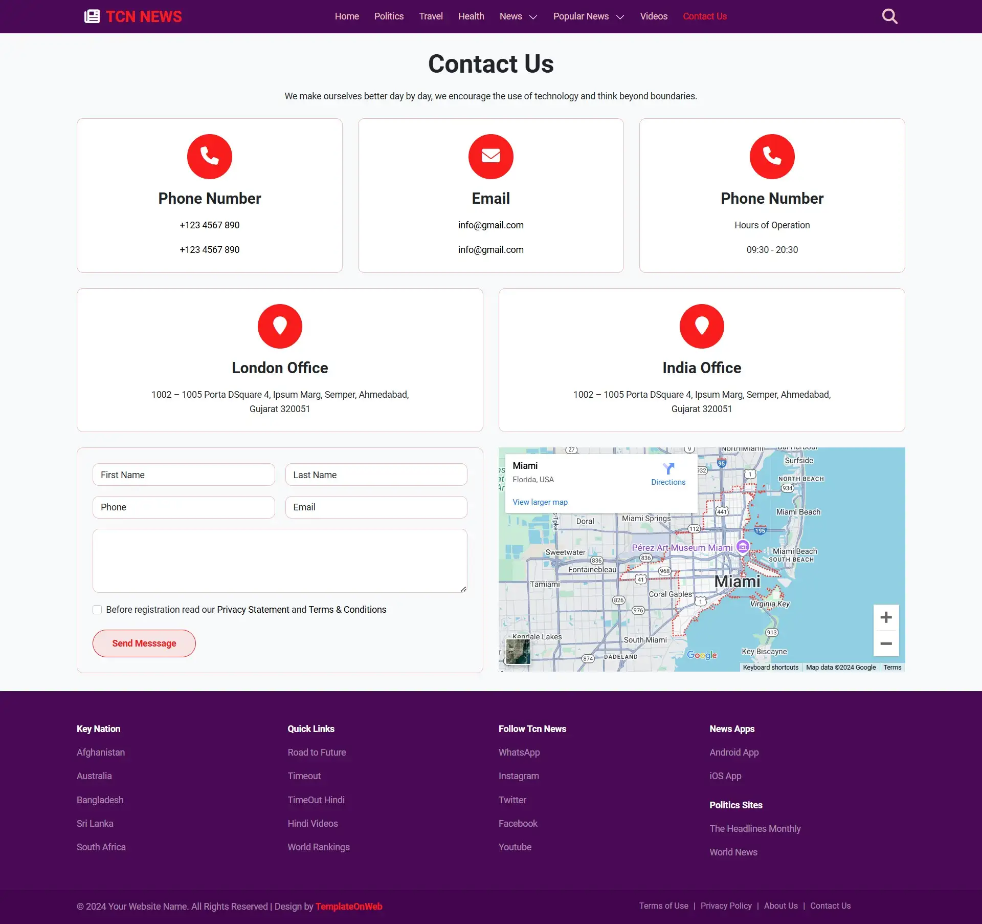 Contact page layout for news agency website with address and email info