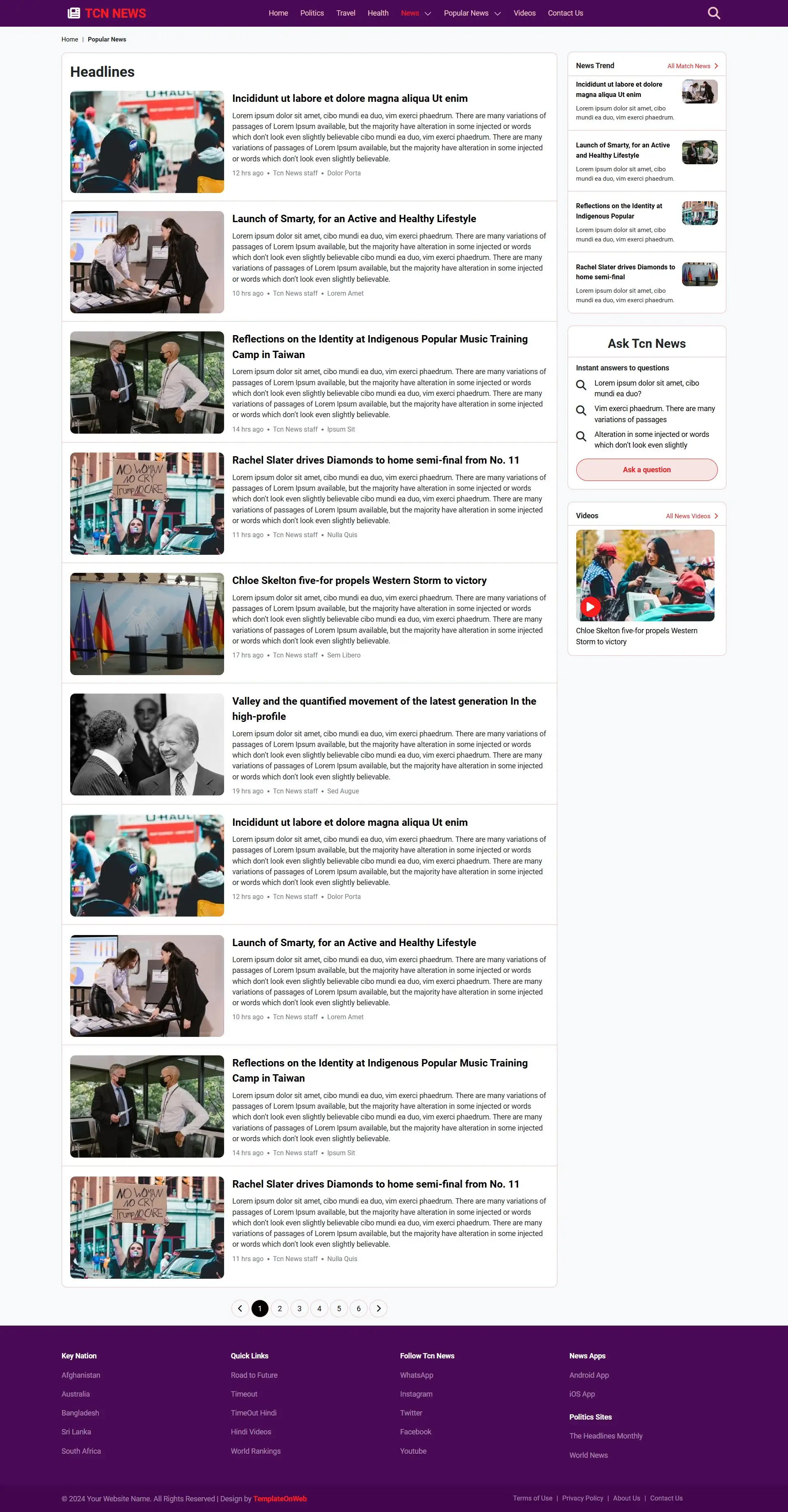 News listing page layout
