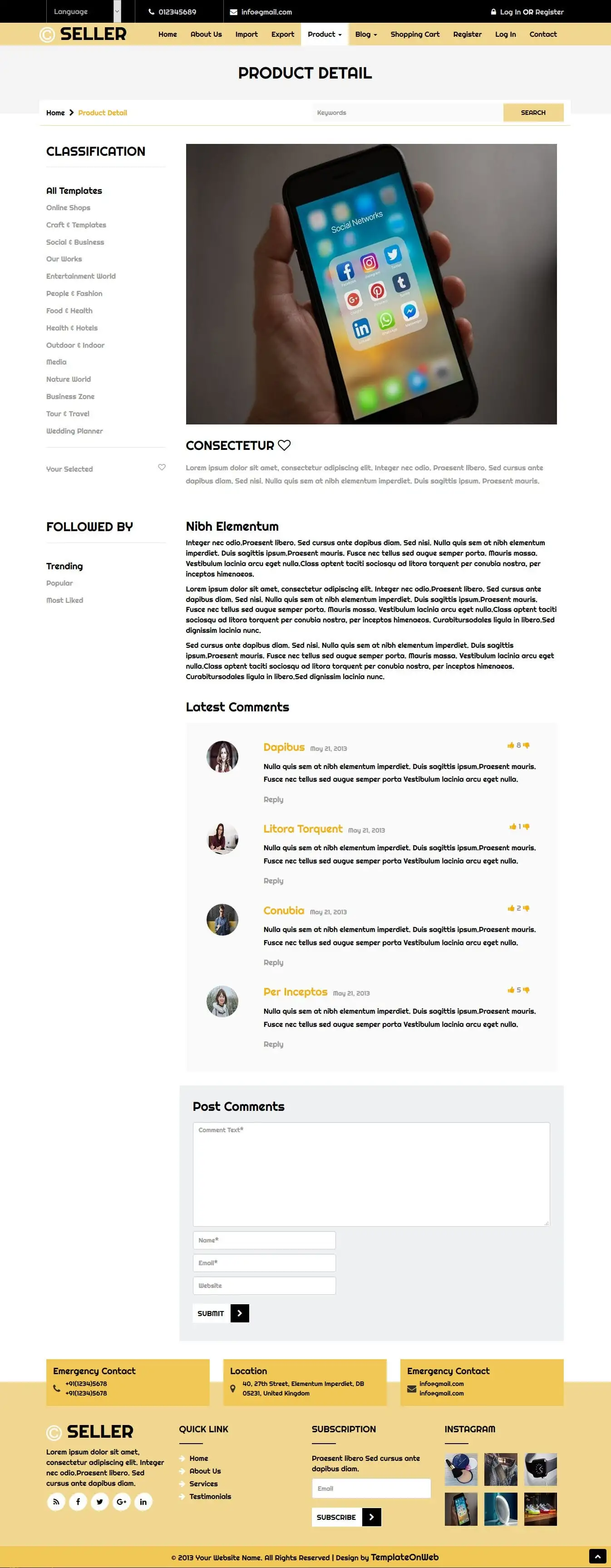 Exim template product details page