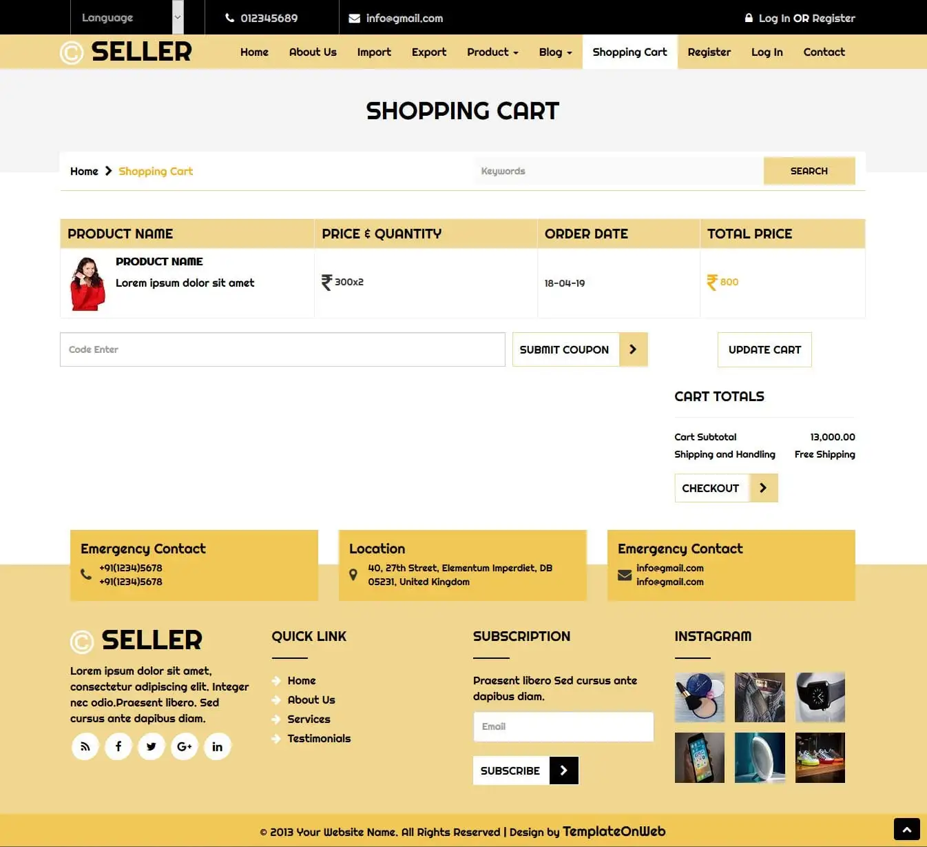 Import export website product shopping cart