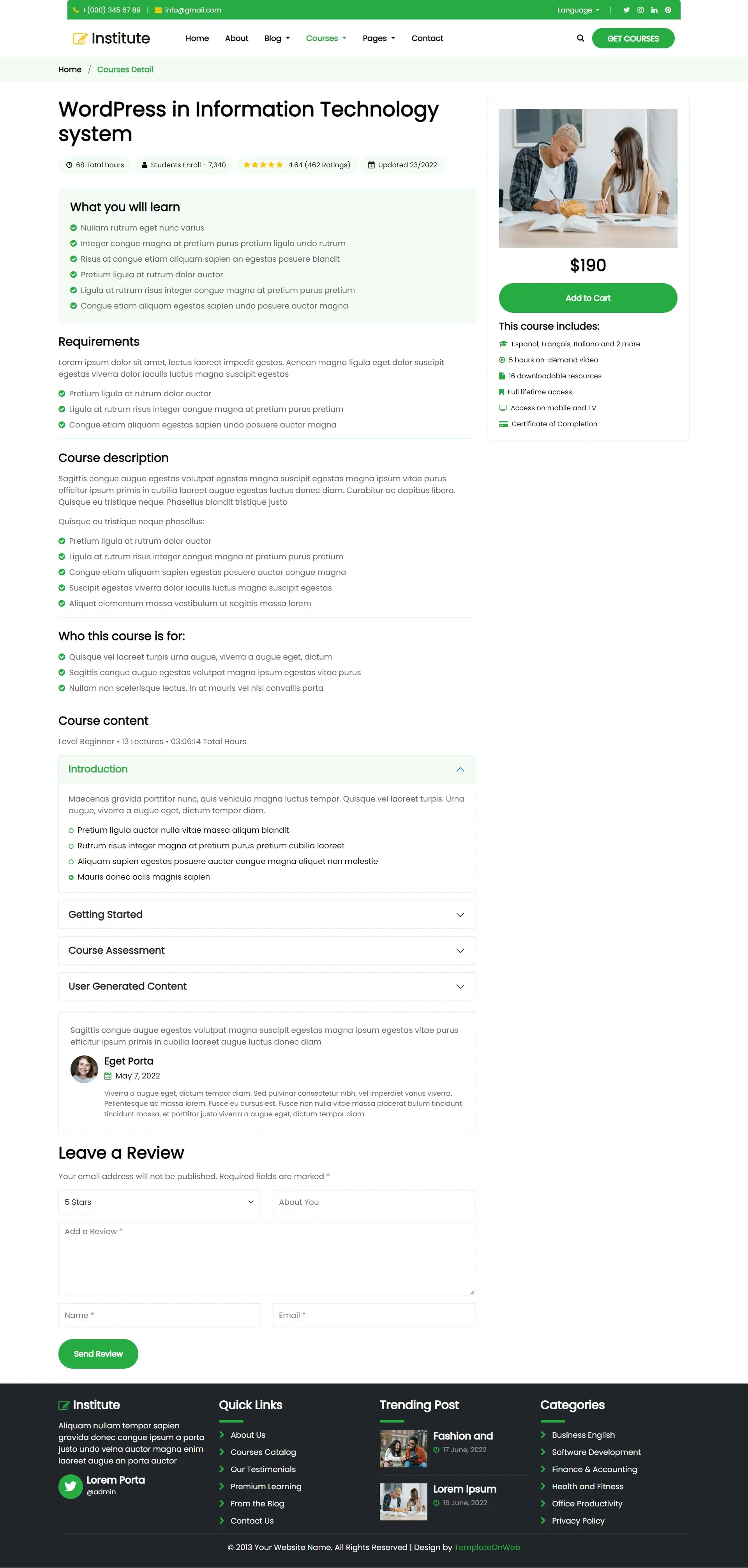 Institute course details page html design