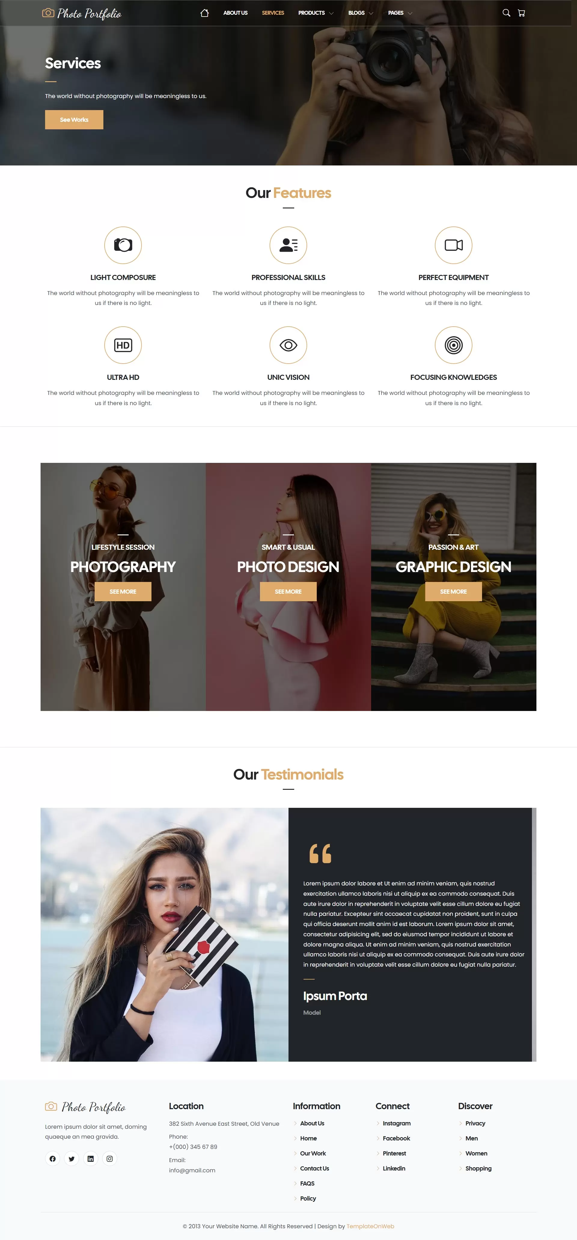 List of services (e.g., Wedding Photography, Portrait Sessions, Commercial Work)