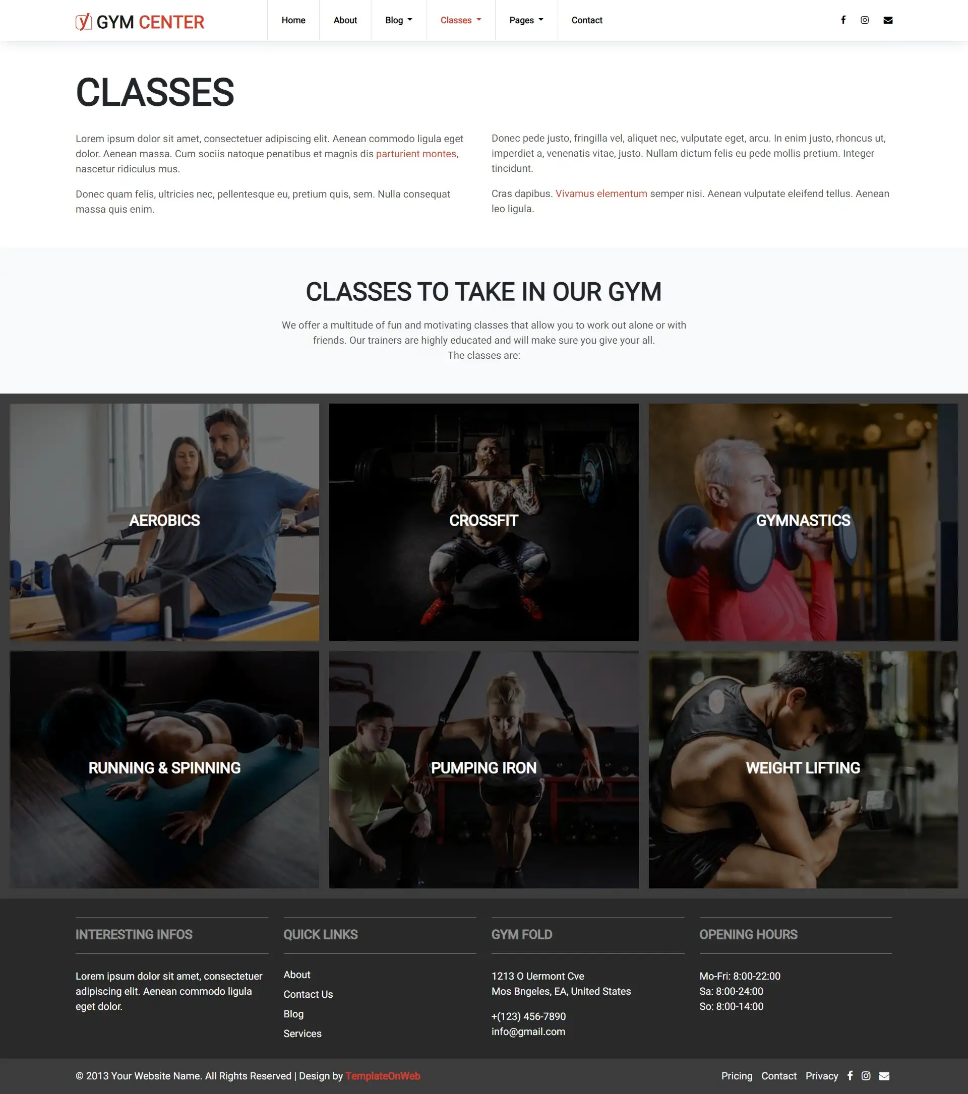 Gym classes timings web template