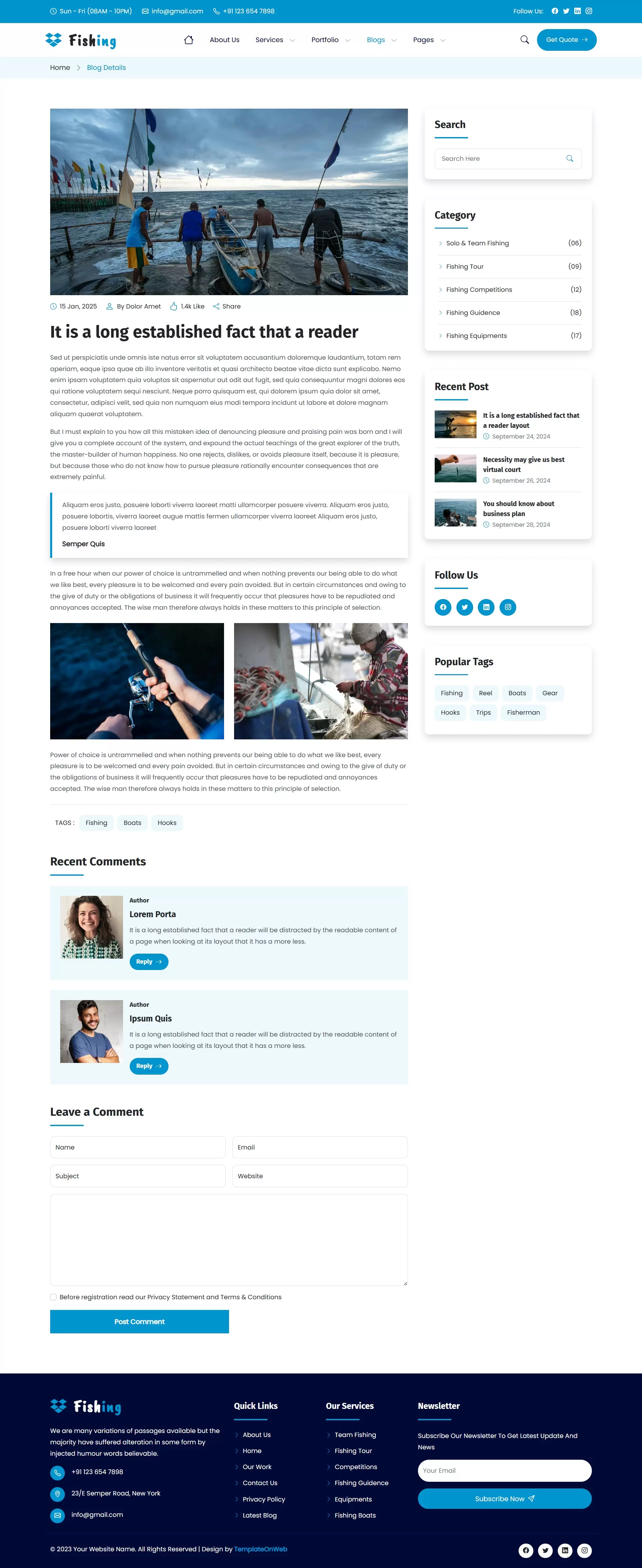 Fishing blog layout optimized for mobile and desktop devices