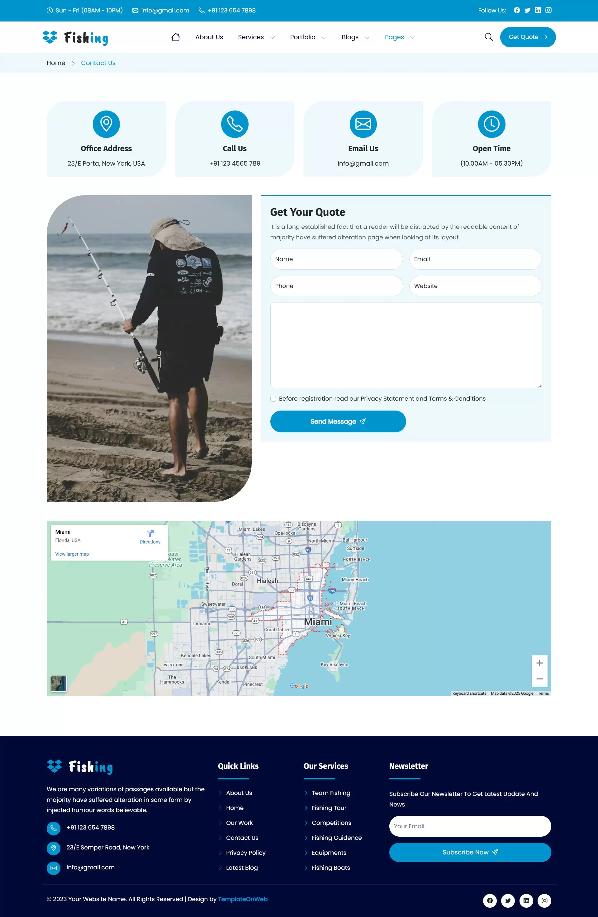 Contact form for fishing club inquiries and contact details including phone number and email address