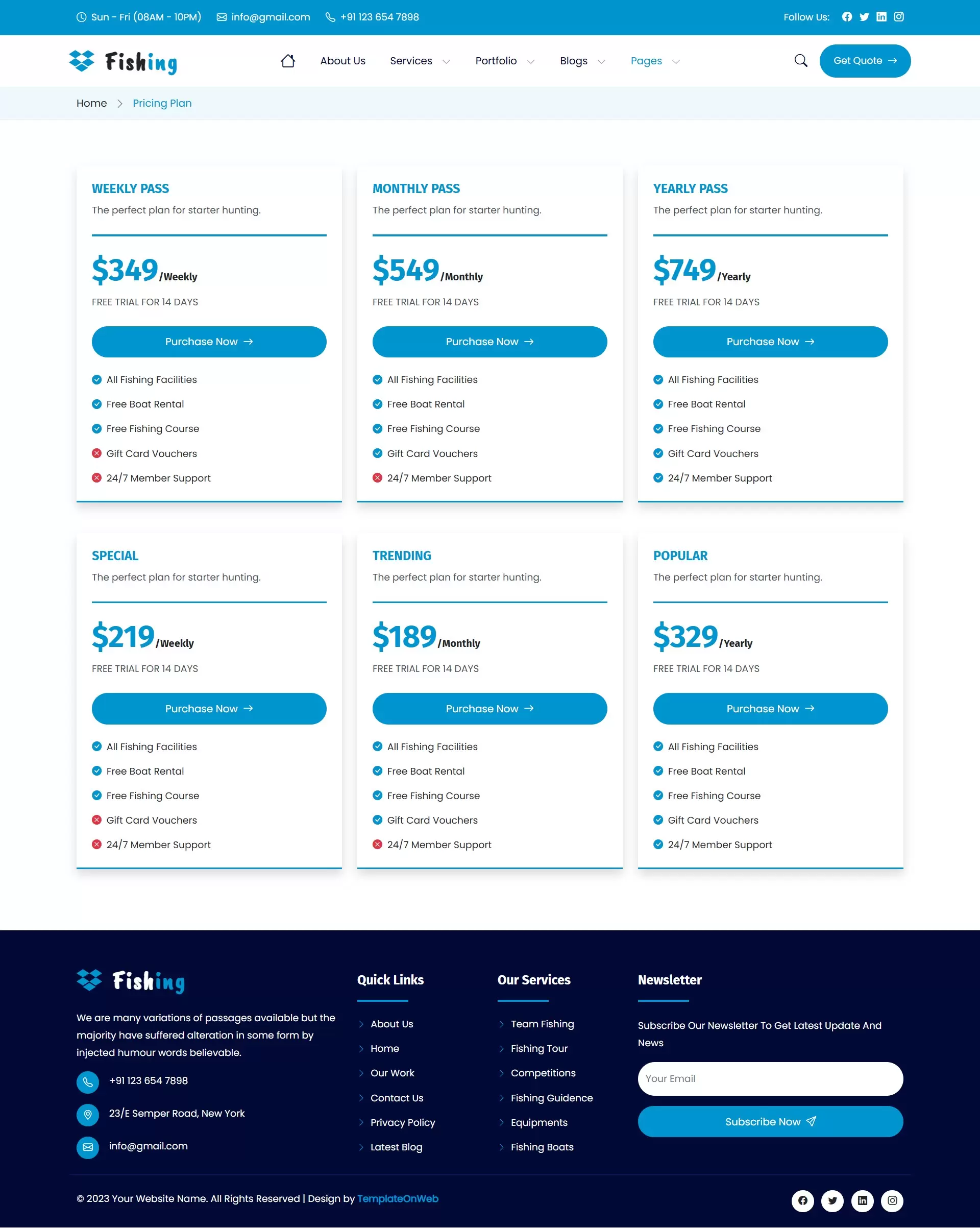 Pricing chart for seasonal fishing passes shown with scenic backdrop