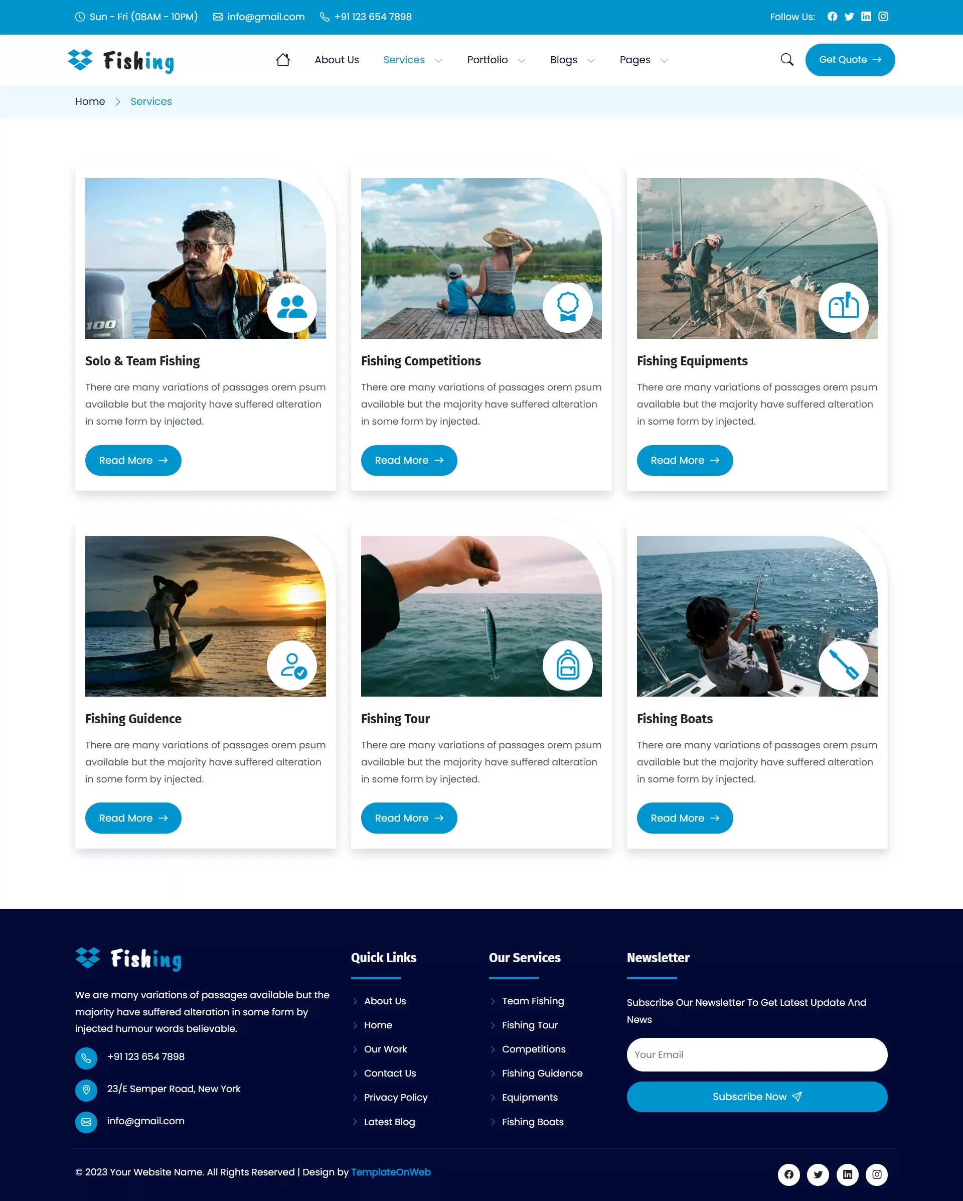 Responsive services page showing fishing gear rentals and boat hire options