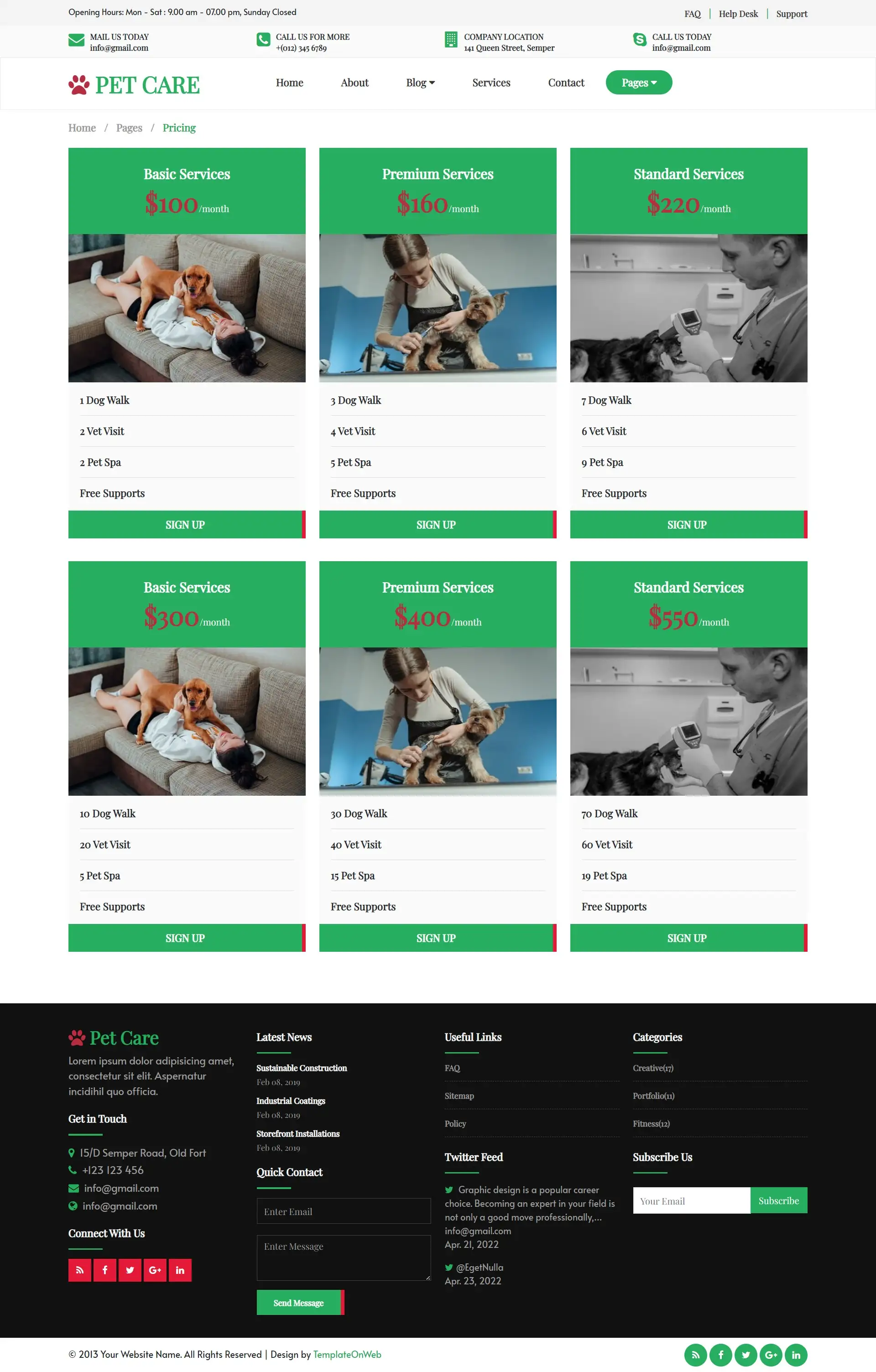 Pet dog care plans web page