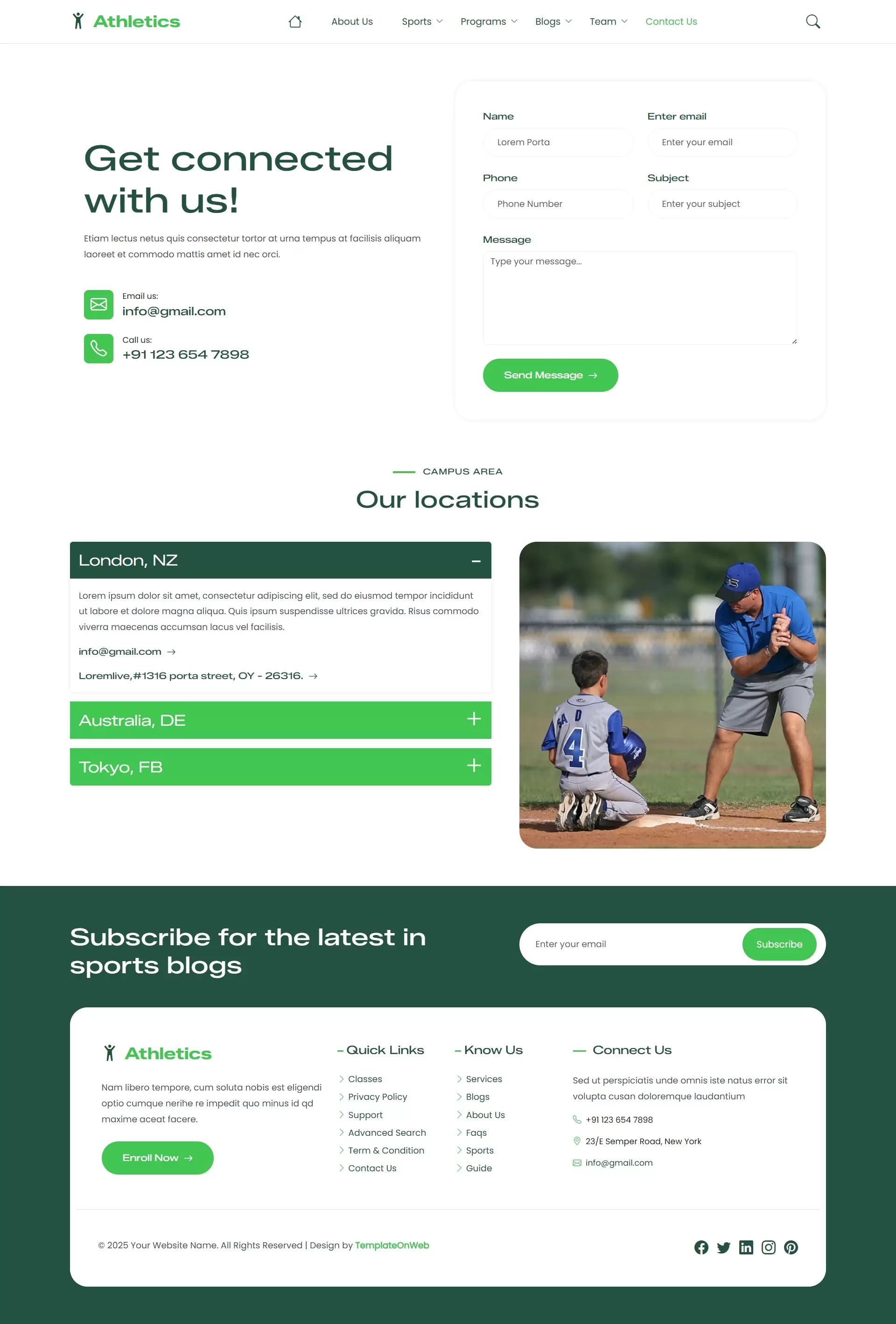 Athletics website template contact us page with inquiry form and location map