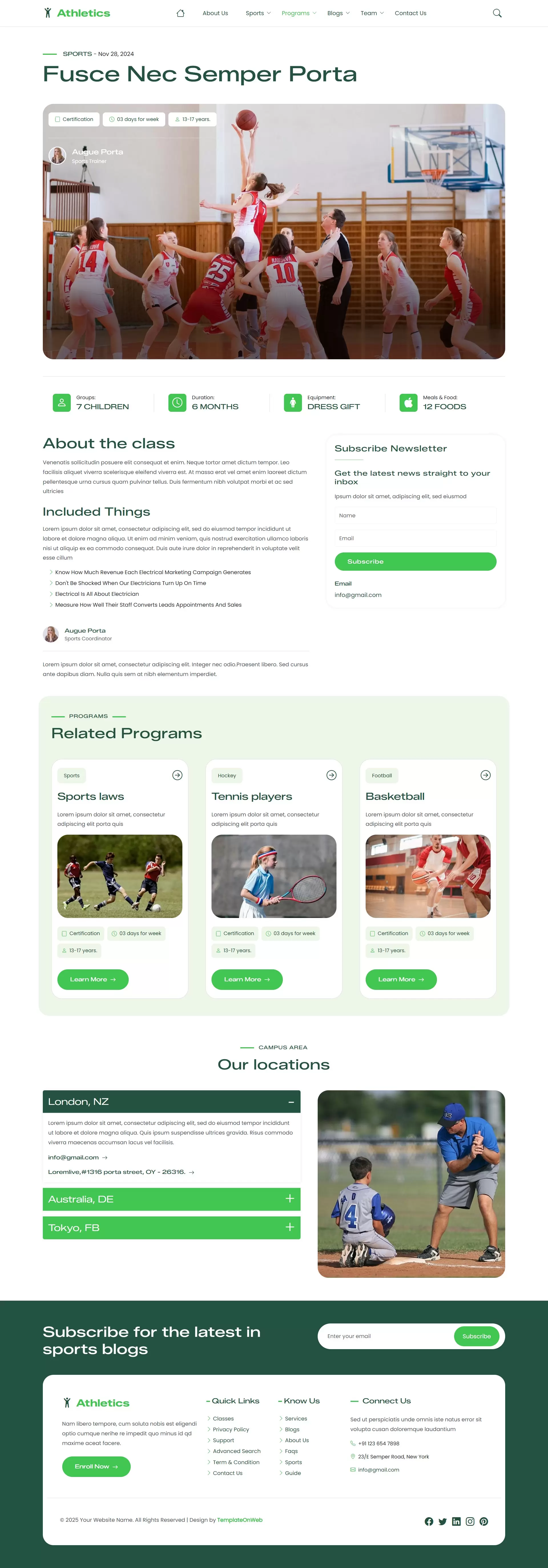 Sports program details page highlighting training modules