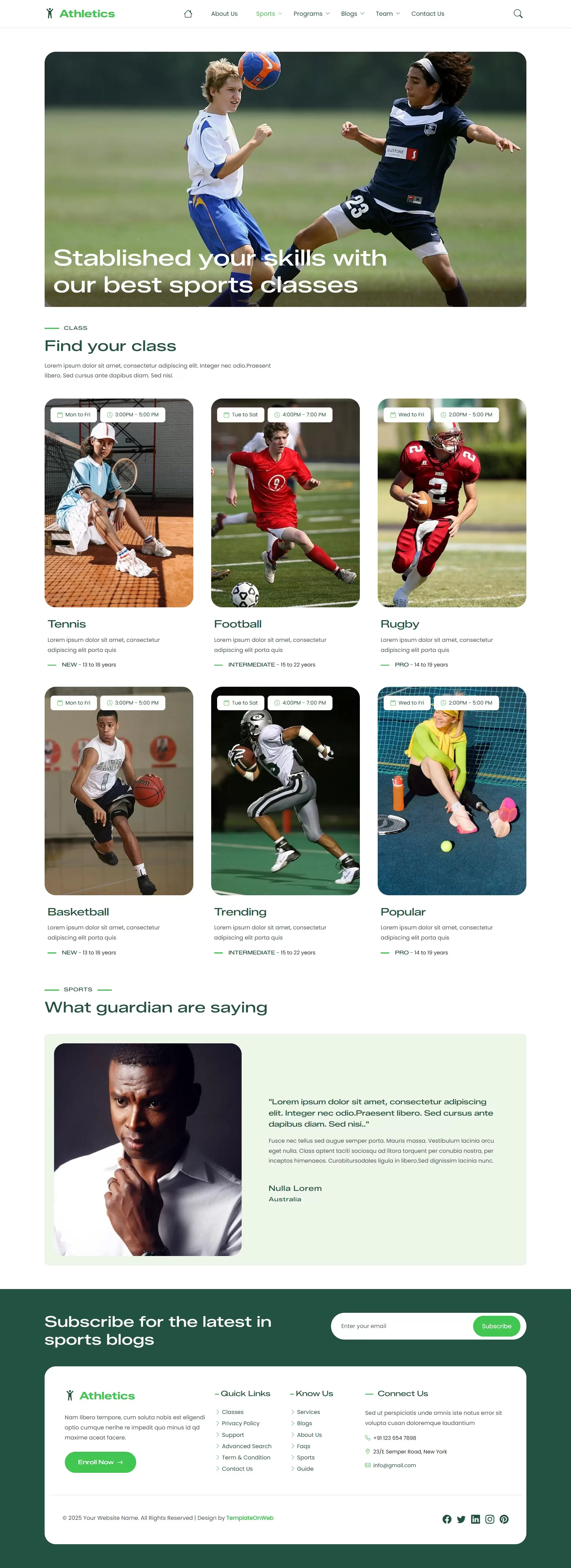 Modern athletics website template classes page showcasing training sessions