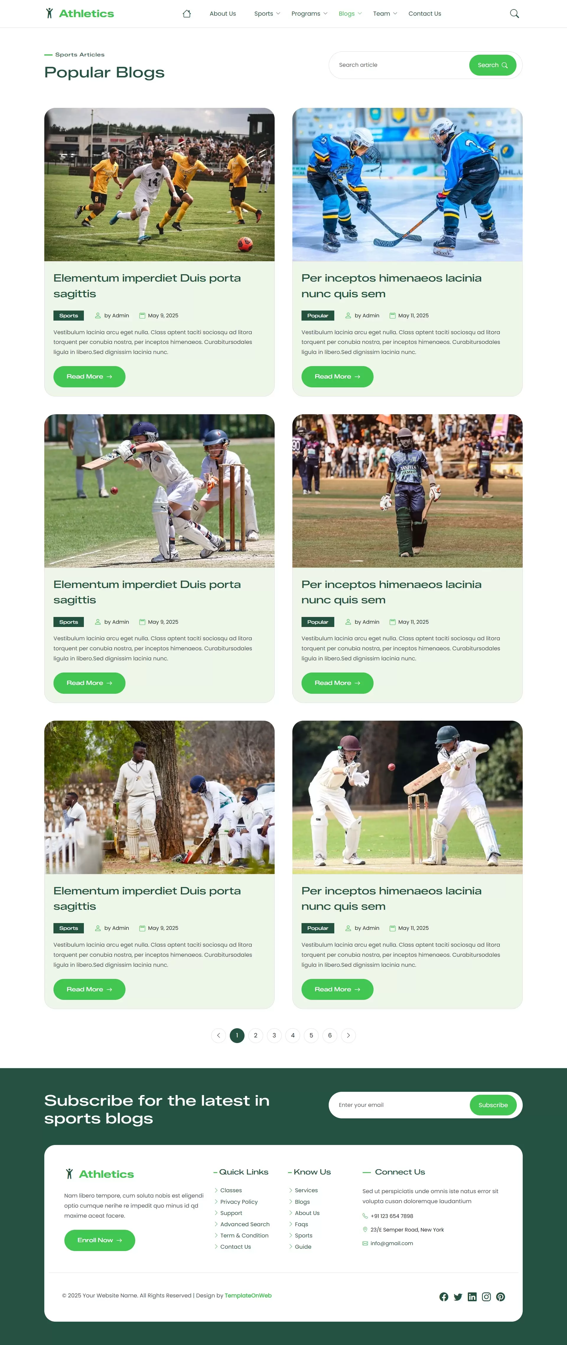 Athletics website template blogs list page showing latest articles and updates
