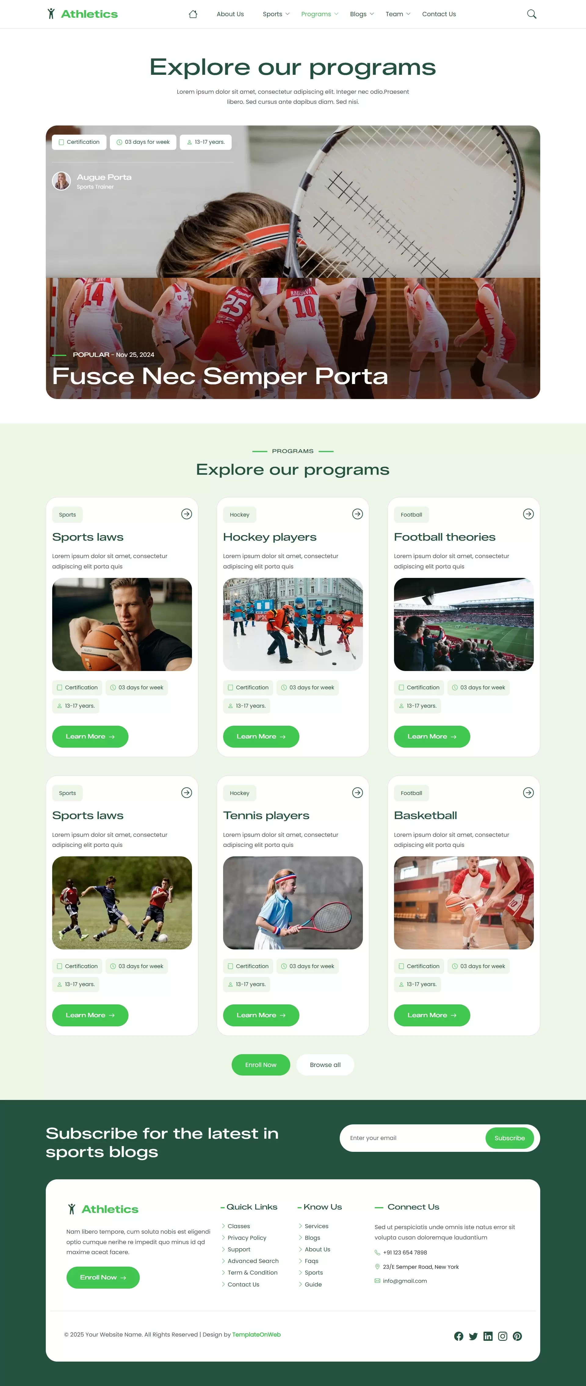 Modern athletics website template programs page featuring sports categories