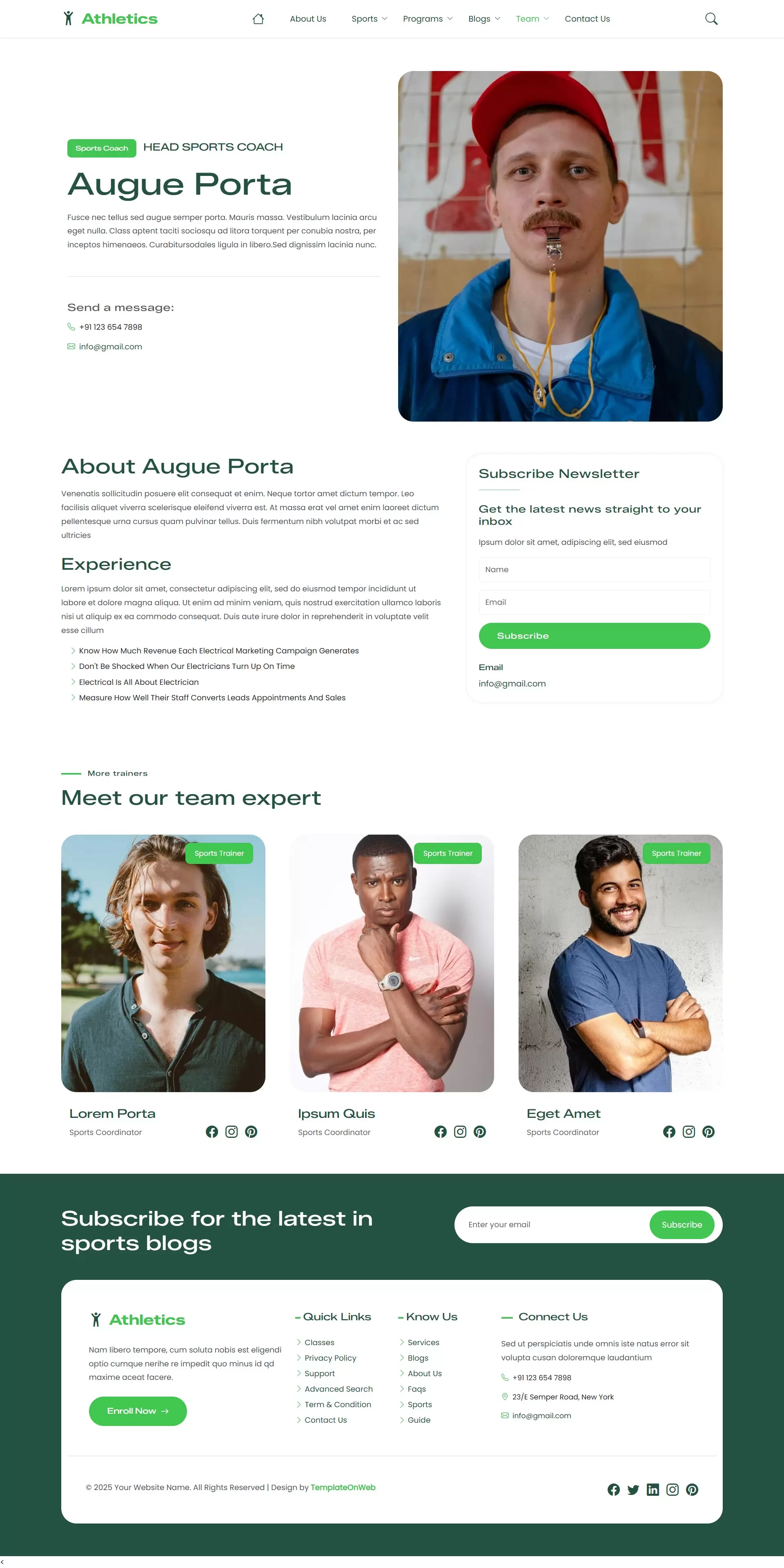 Responsive Olympic trainers details page showcasing coach biographies