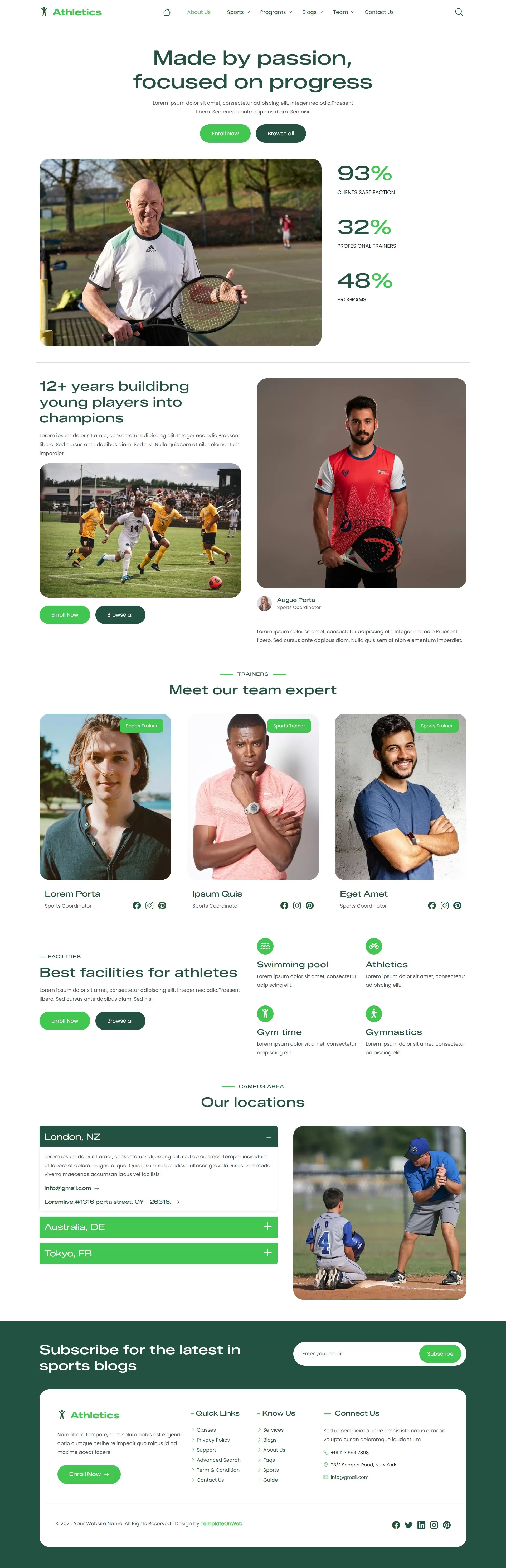 Athletics website template about us page with club history and mission