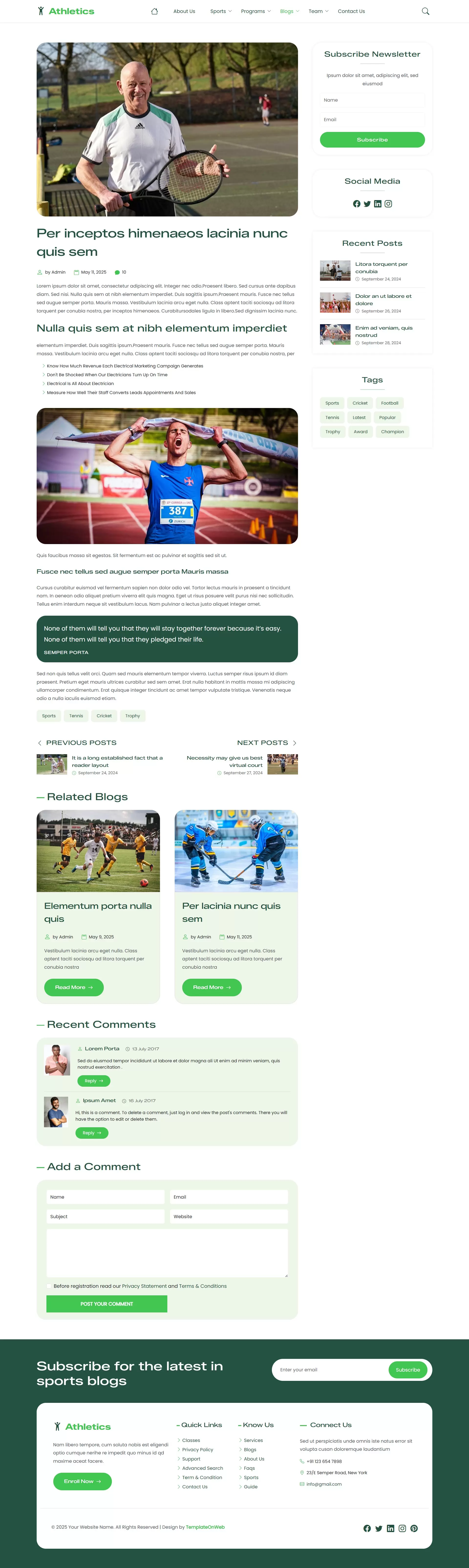 Responsive athletics blog details page preview with post and comments