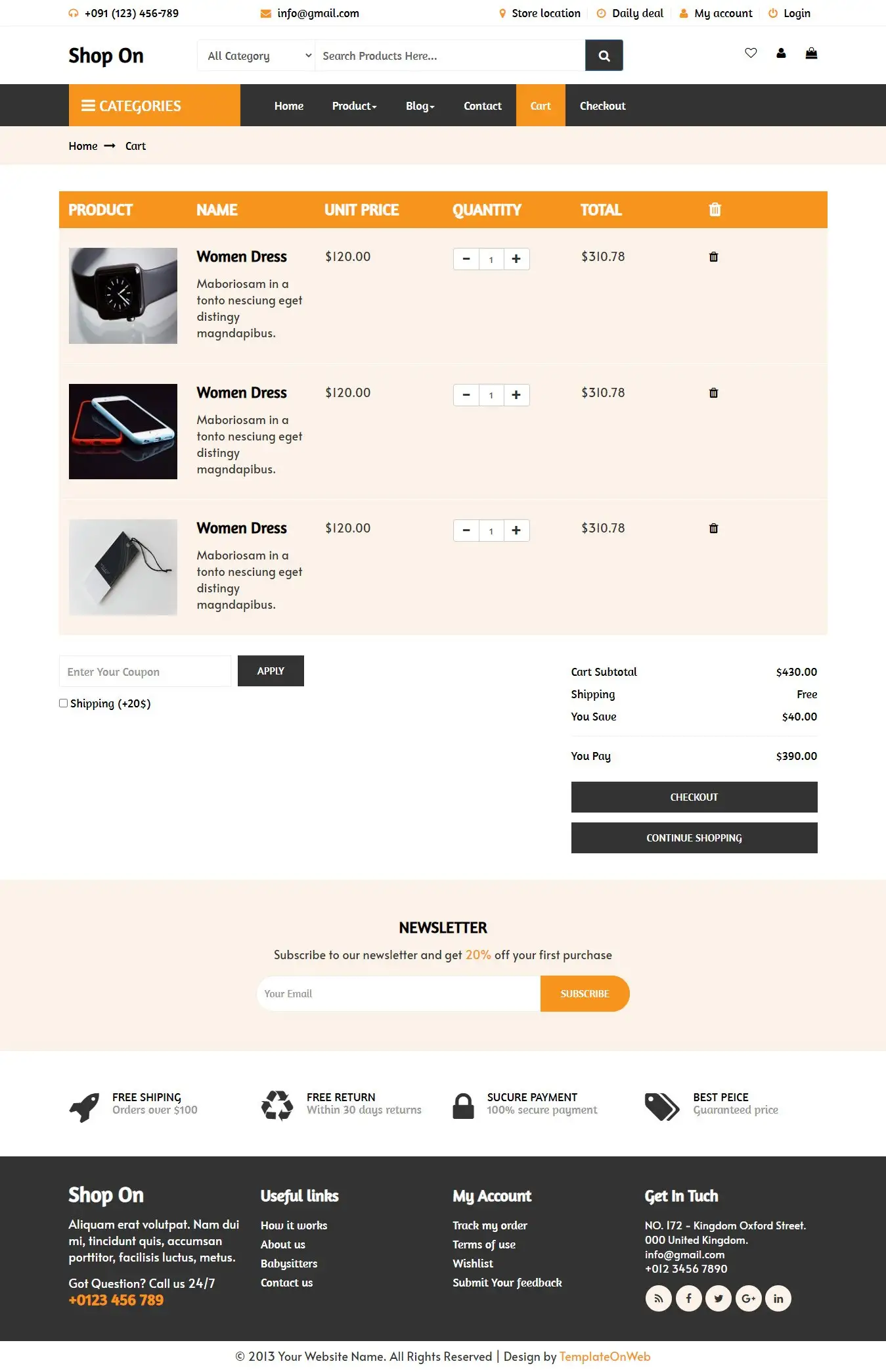 Selected cart products responsive web design
