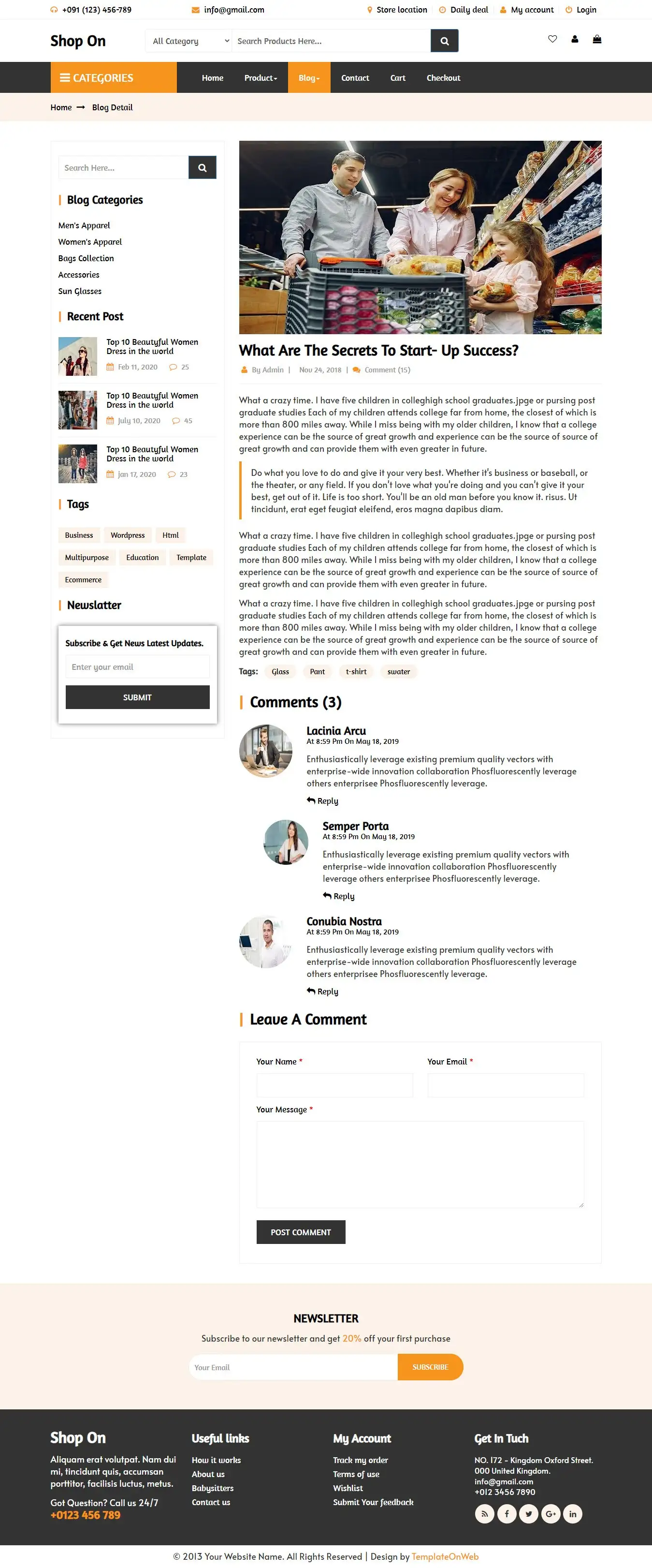 Shopping store blog details page website design