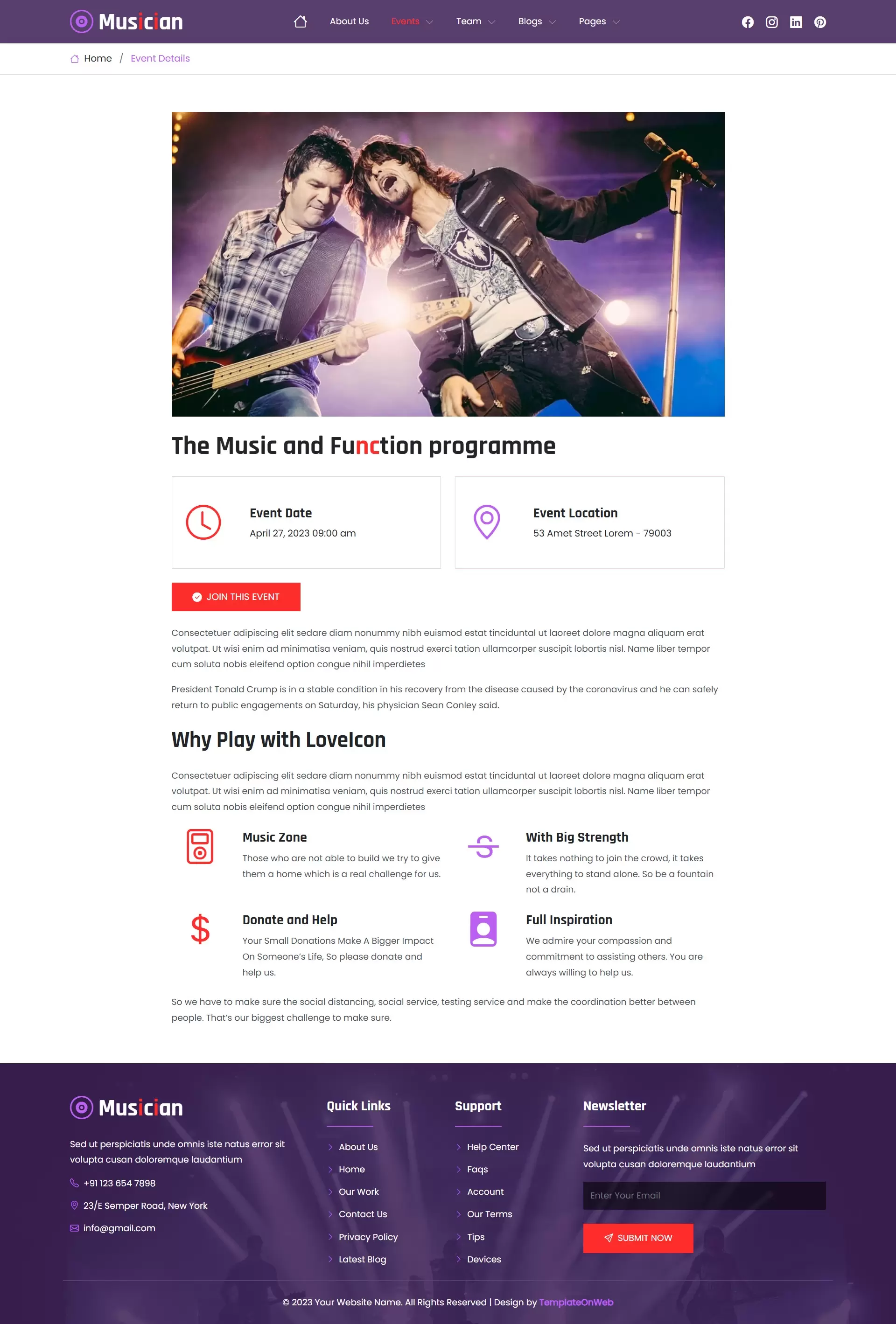 Responsive event details screen for artist or band site