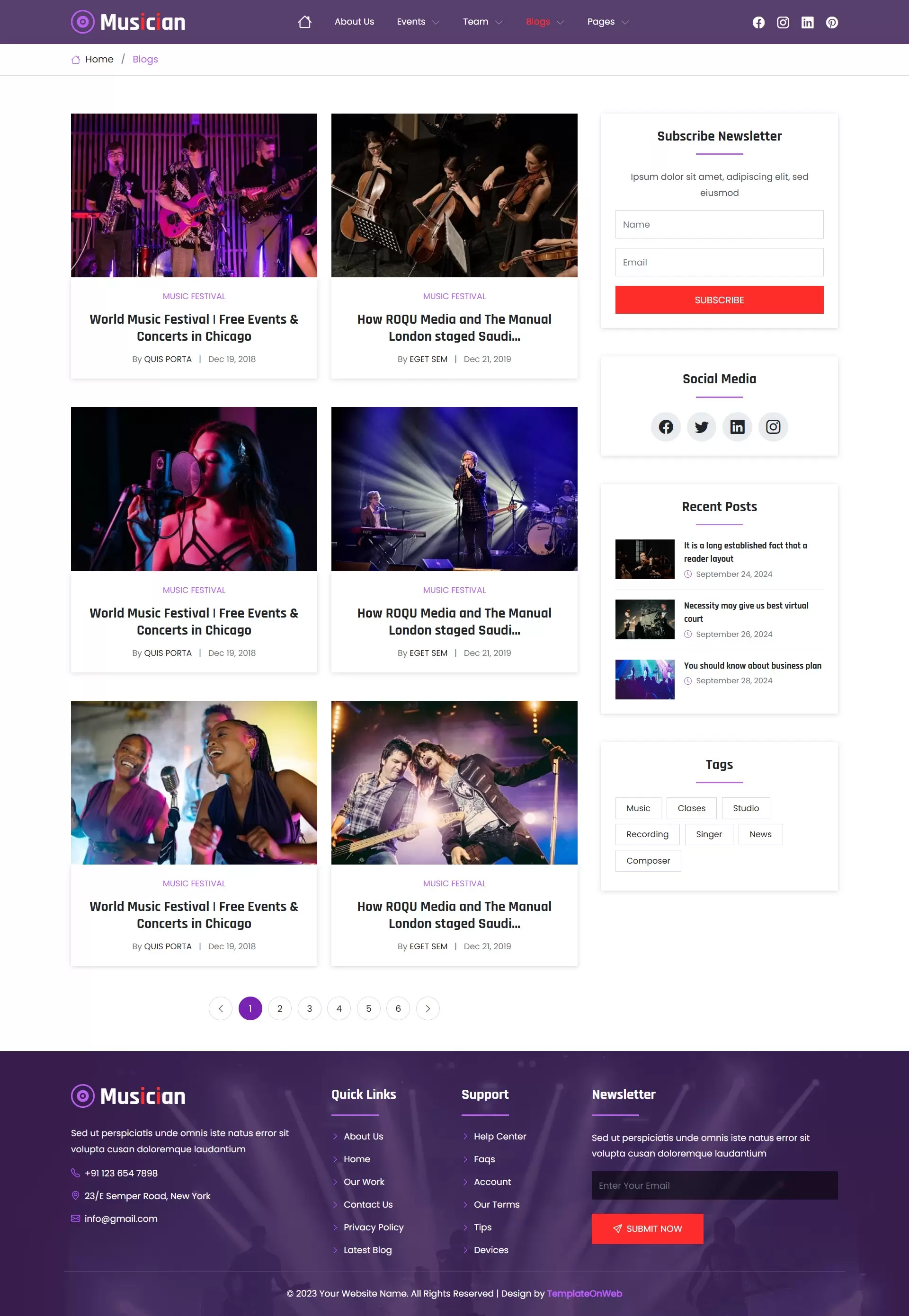 Music blog listing and article details layout for artist website