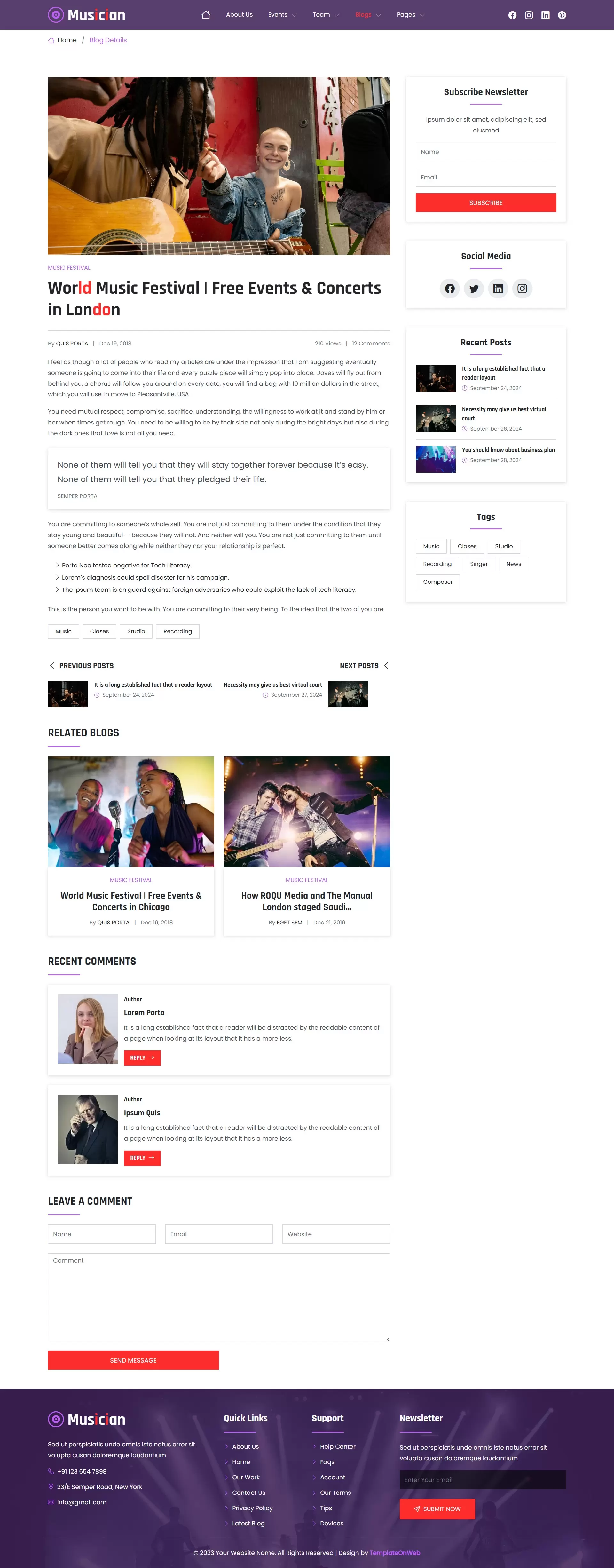 Musician blog and post detail view for sharing updates and tips