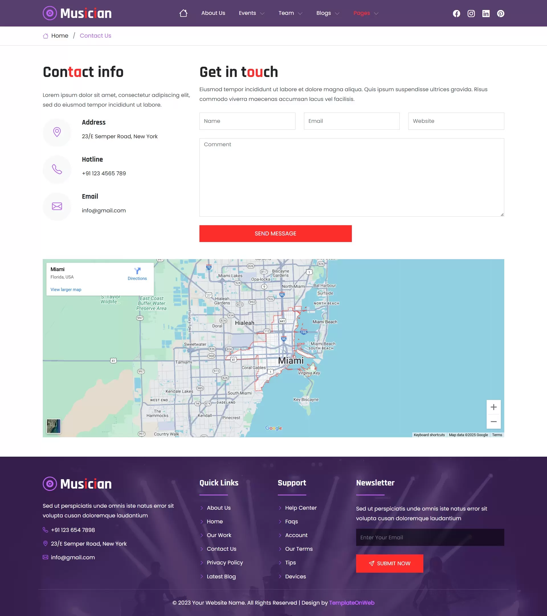 Get in touch section with map and contact details for artist website