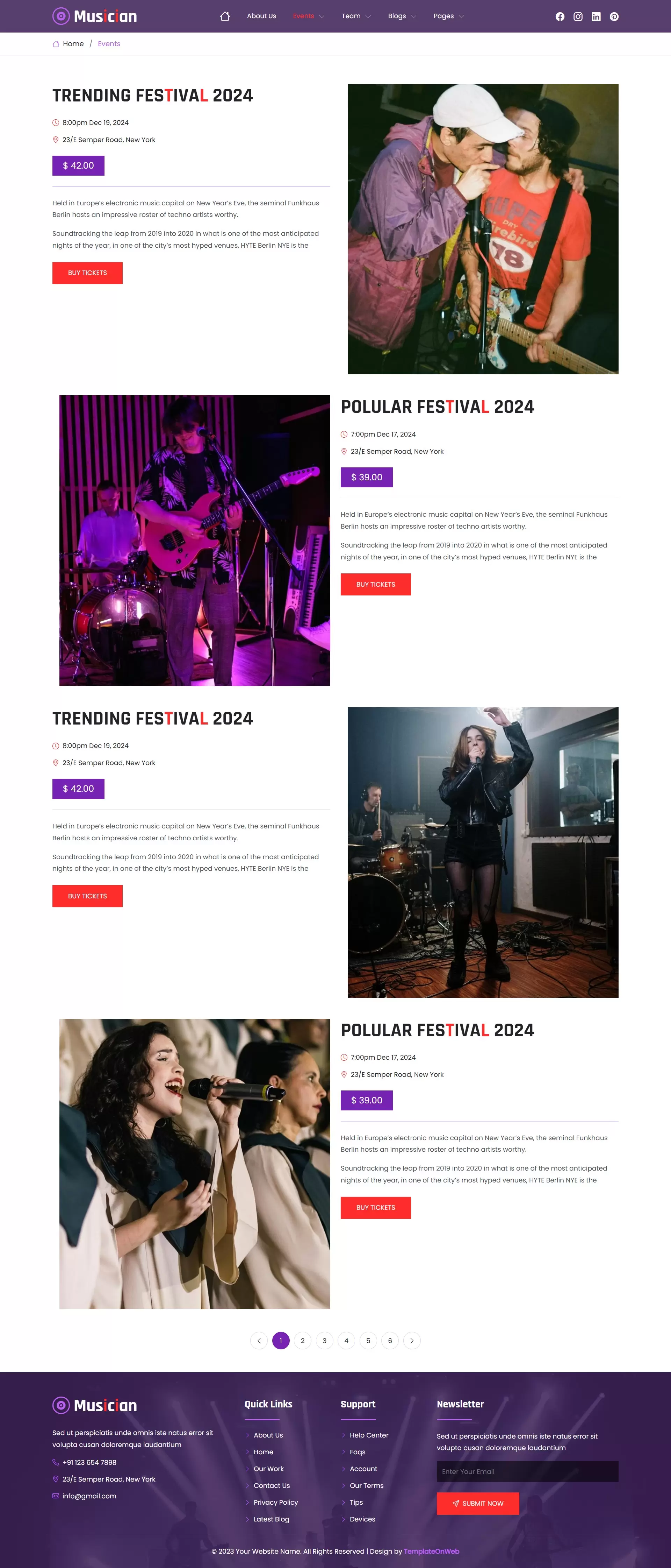 Event listings and tour schedule section for musician website