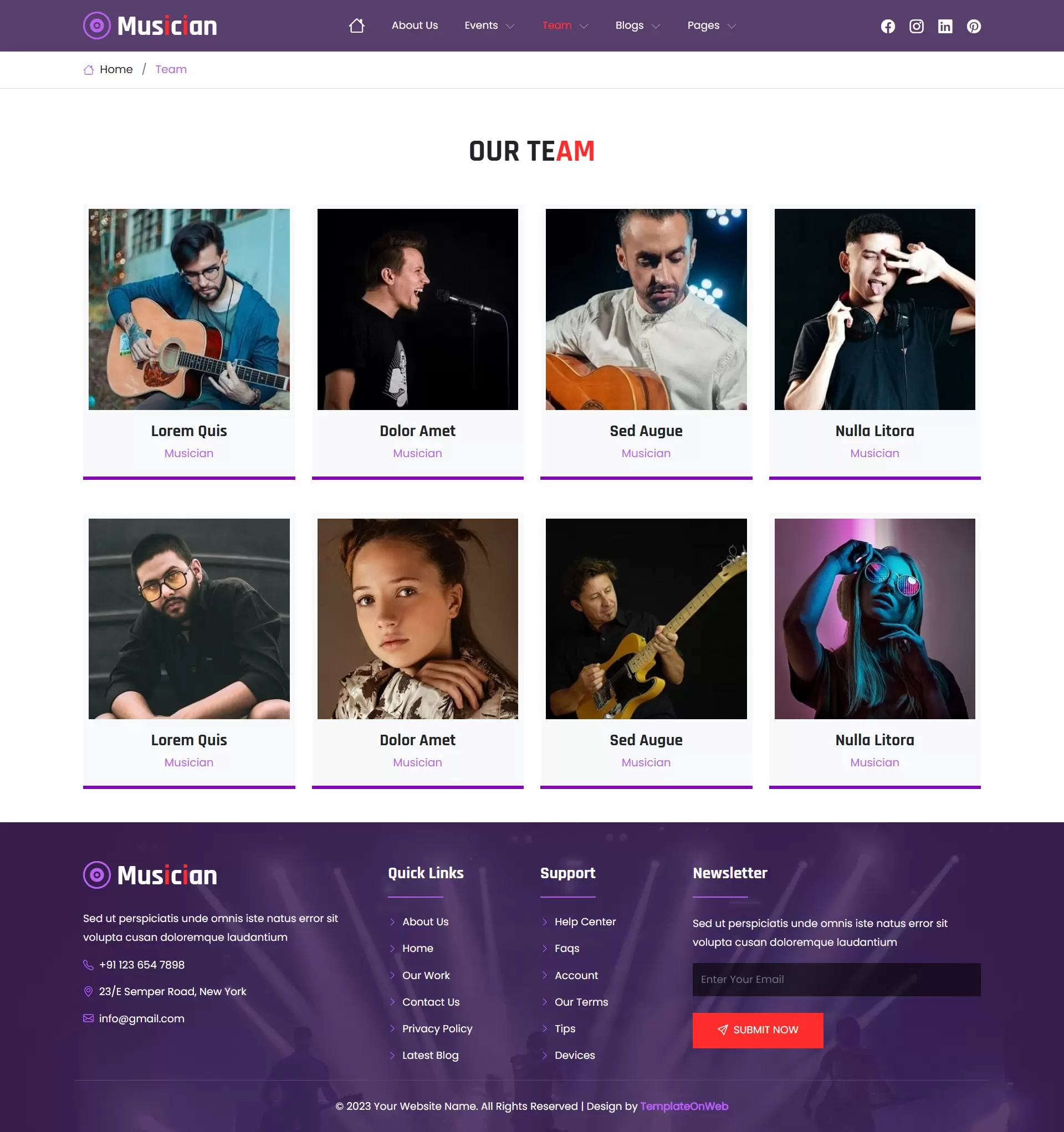 Musician website team section with member bios and roles