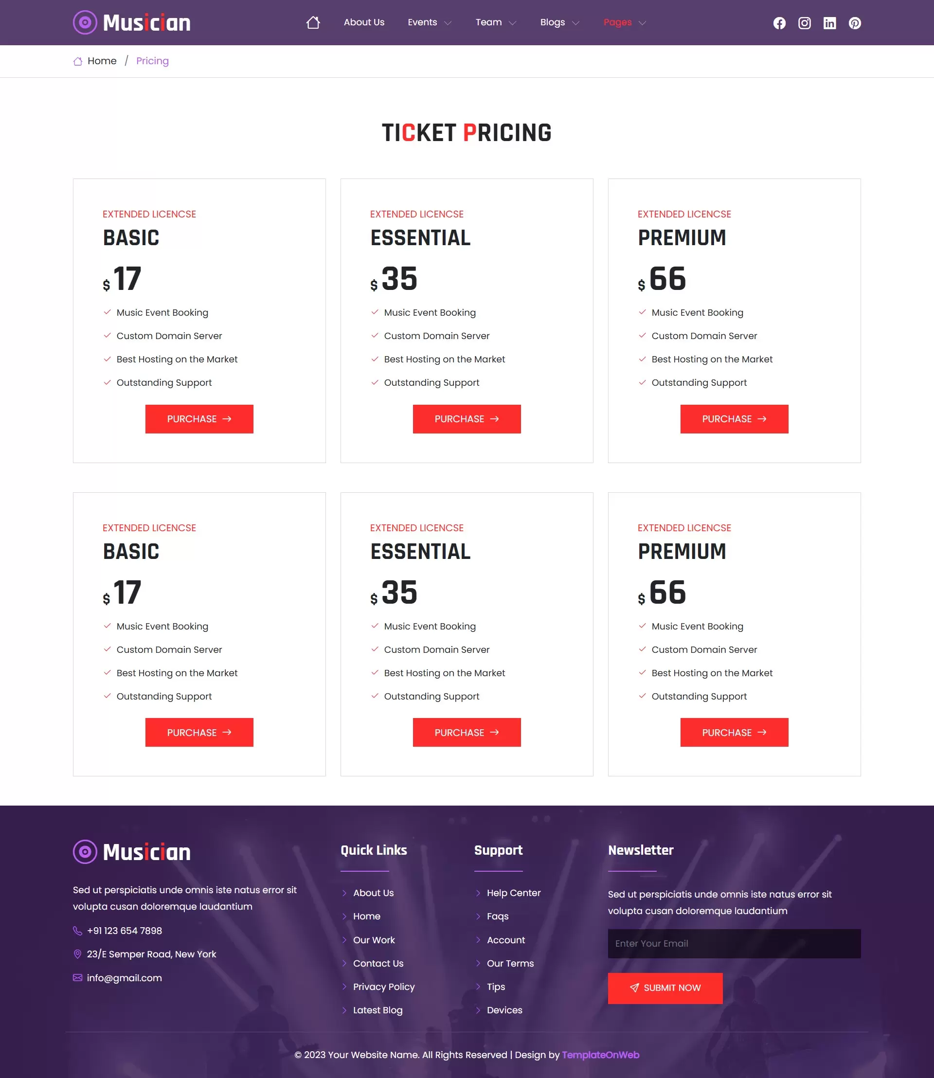 Responsive pricing table for musician website services