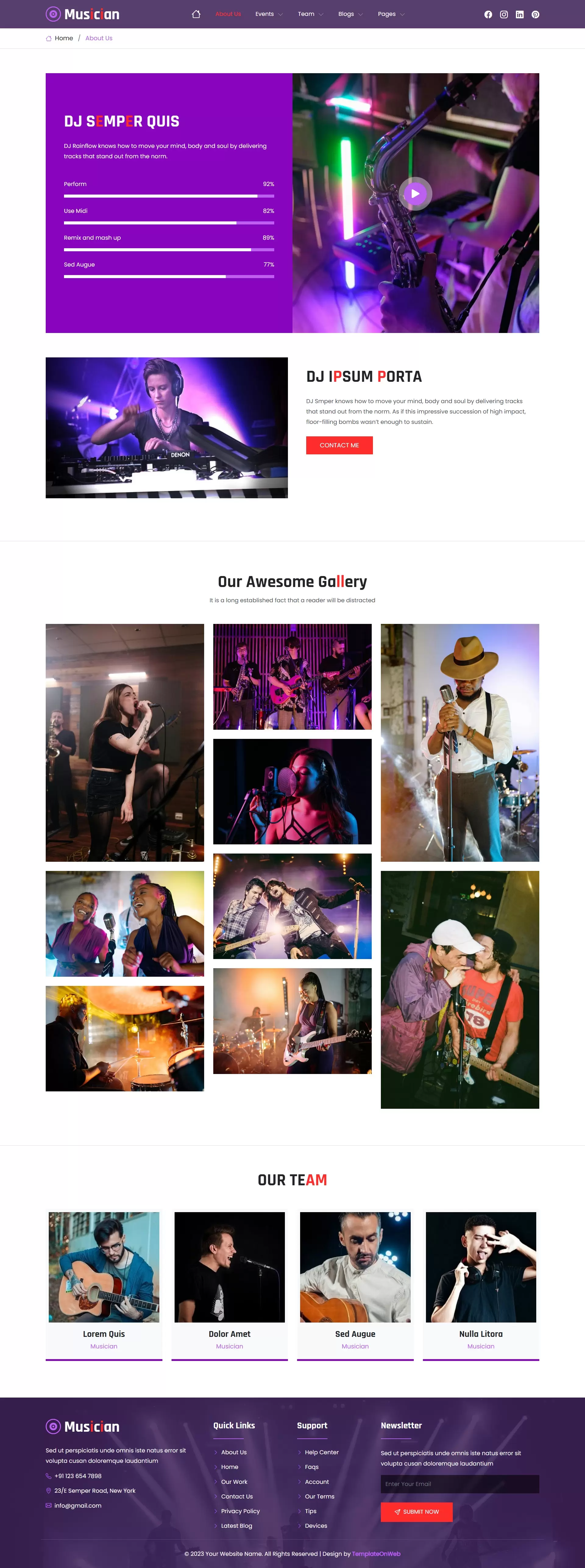 Music artist introduction section on Bootstrap website template